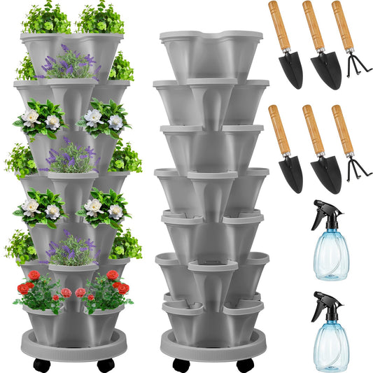 Set(2) of 7 Tier Vertical Planter Tower with Removable Wheels and Tools