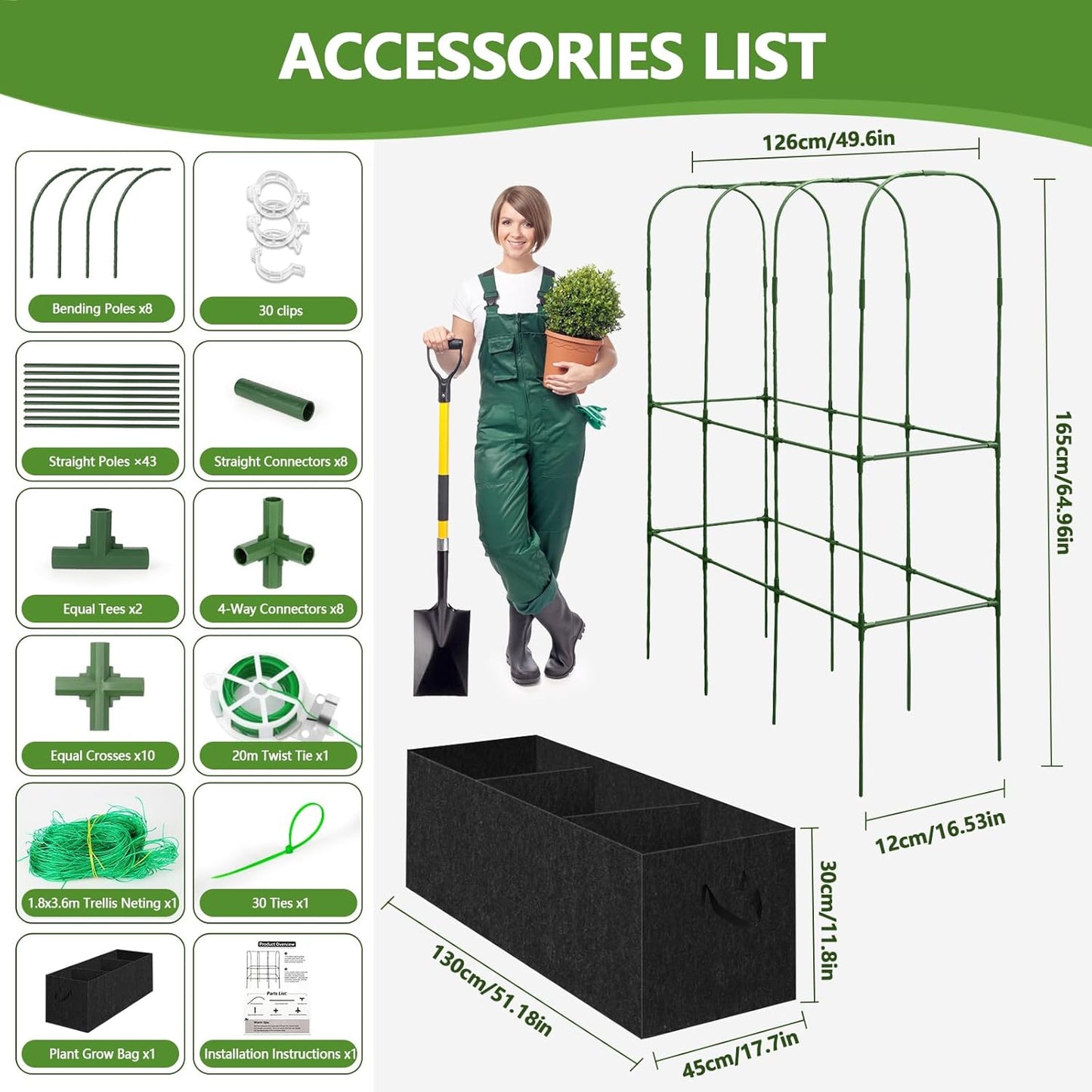 Garden Trellis for Climbing Plants with Grow Bag Nylon Garden Netting (U-Shape)