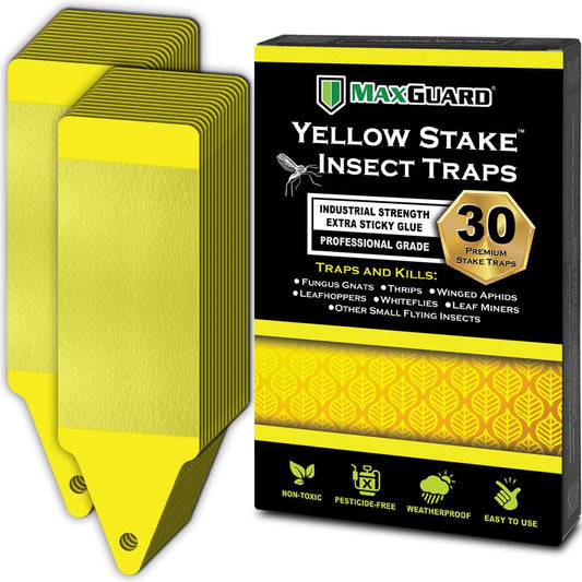 Yellow Stake Sticky Insect/Bug Traps - Catch and Kill Fungus Gnats, Whiteflies, Mosquitos, Aphids, Leaf Miners, Flying Insect Catcher Glue Trappers for Indoor or Outdoor