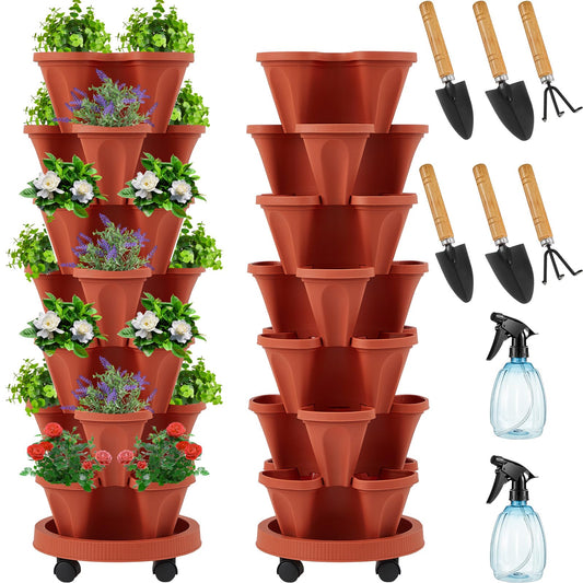 Set(2) of 7 Tier Vertical Planter Tower with Removable Wheels and Tools