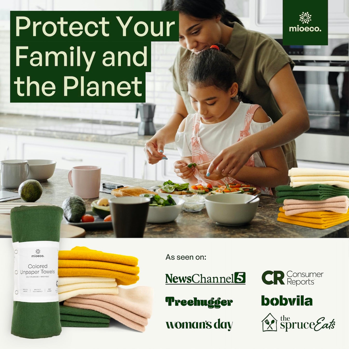 24 Pack Multicolored Reusable Paper Towels - Organic Cotton -