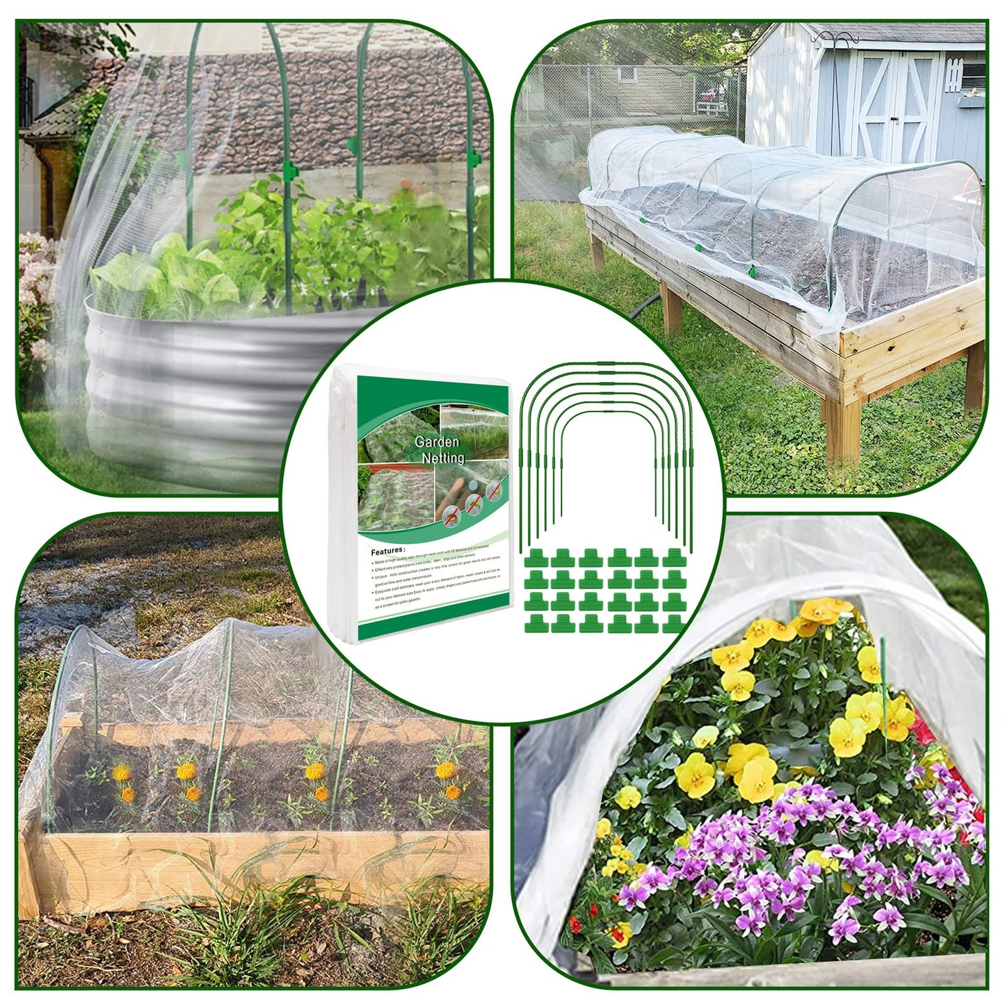 Garden Netting Kit, Garden Netting Kit for Raised Beds - 6pcs Garden Hoops with 8x20 ft Ultra Fine Garden Netting & 24 Clips, Protection Plant Covers for Greenhouse Vegetable Row Cover Bird