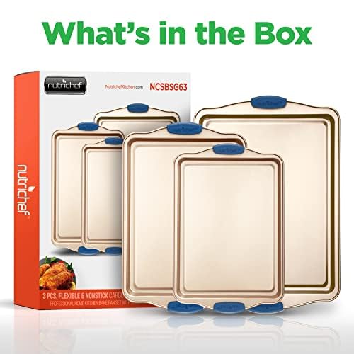 Carbon Steel Non-Toxic Nonstick Bakeware Setw/ Blue Silicone Handles - Champagne Gold