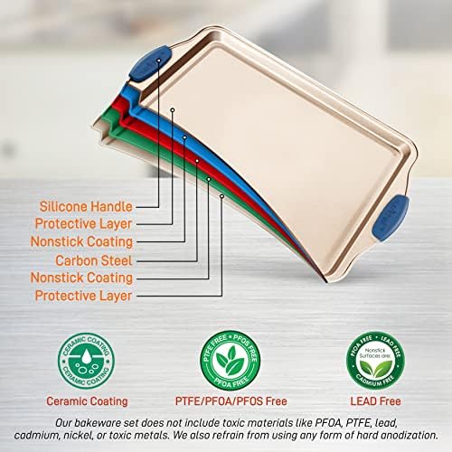Carbon Steel Non-Toxic Nonstick Bakeware Setw/ Blue Silicone Handles - Champagne Gold