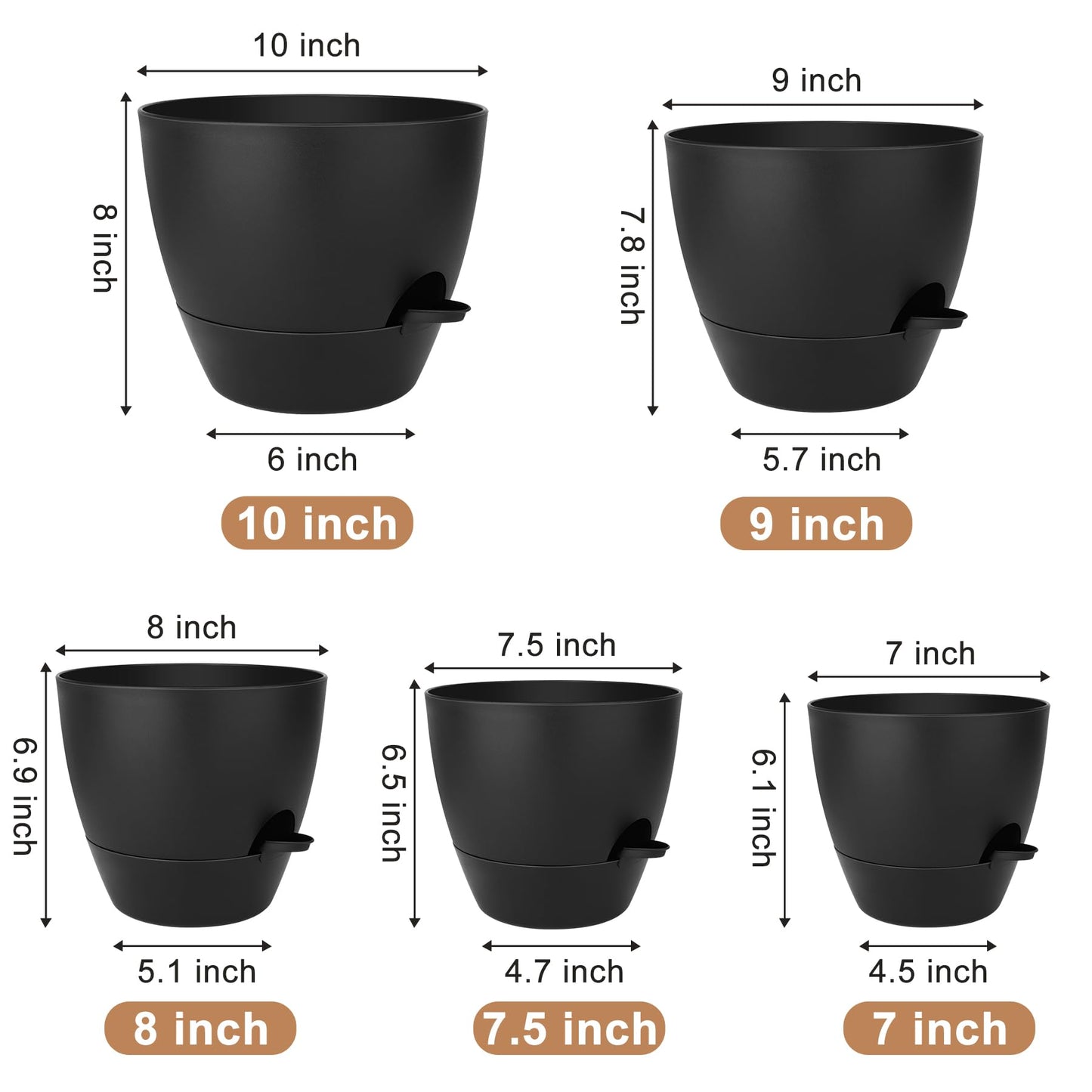 Self Watering Pots, Set of 5 Plastic Planters INdoor/Outdoor