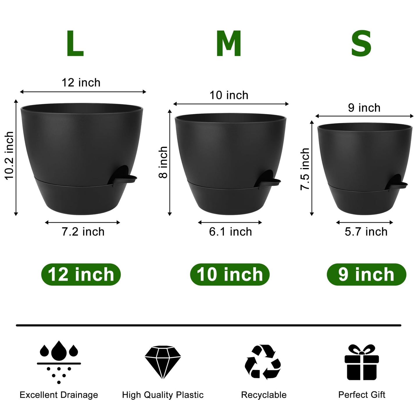 Self Watering Pots, Set of 5 Plastic Planters INdoor/Outdoor