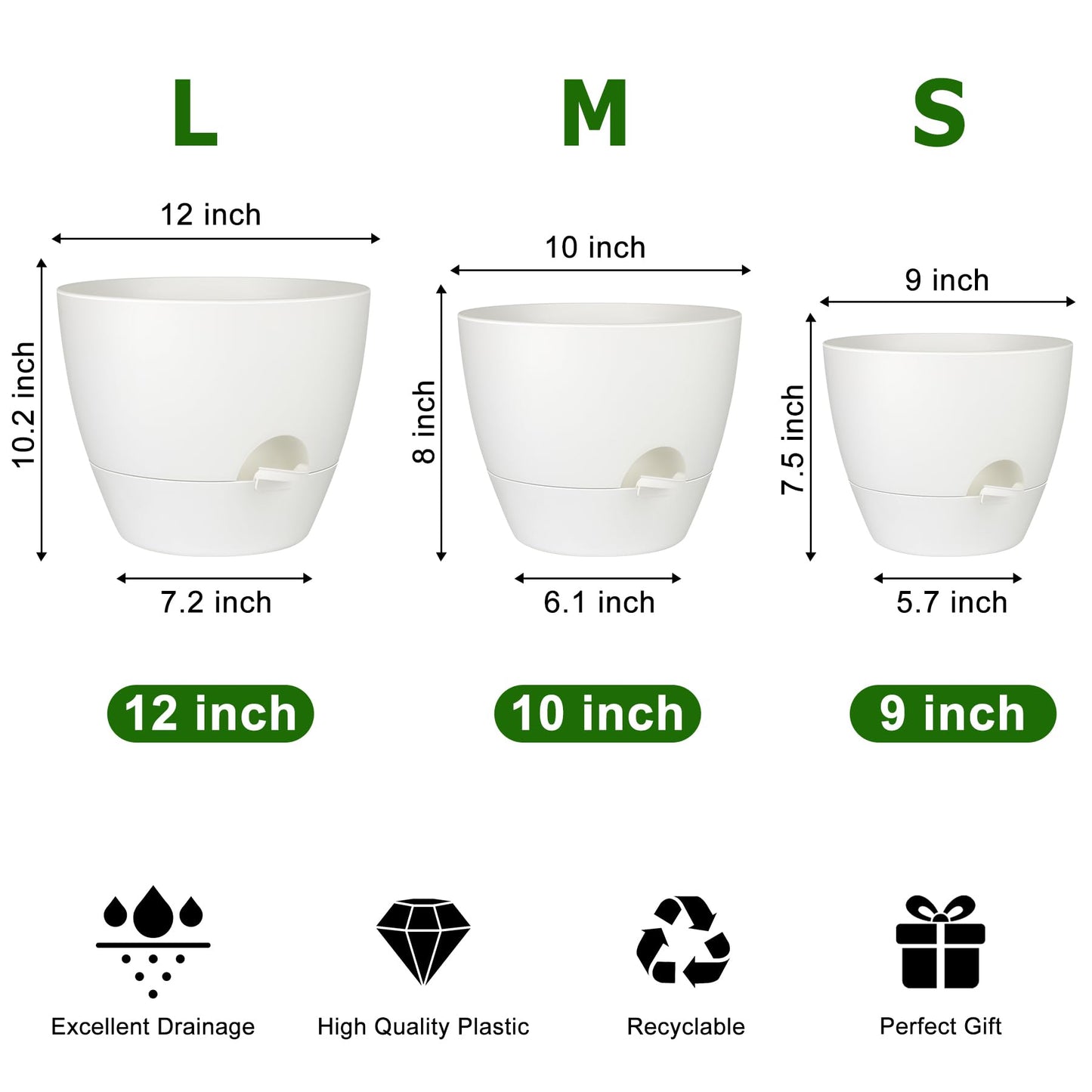 Self Watering Pots, Set of 5 Plastic Planters INdoor/Outdoor