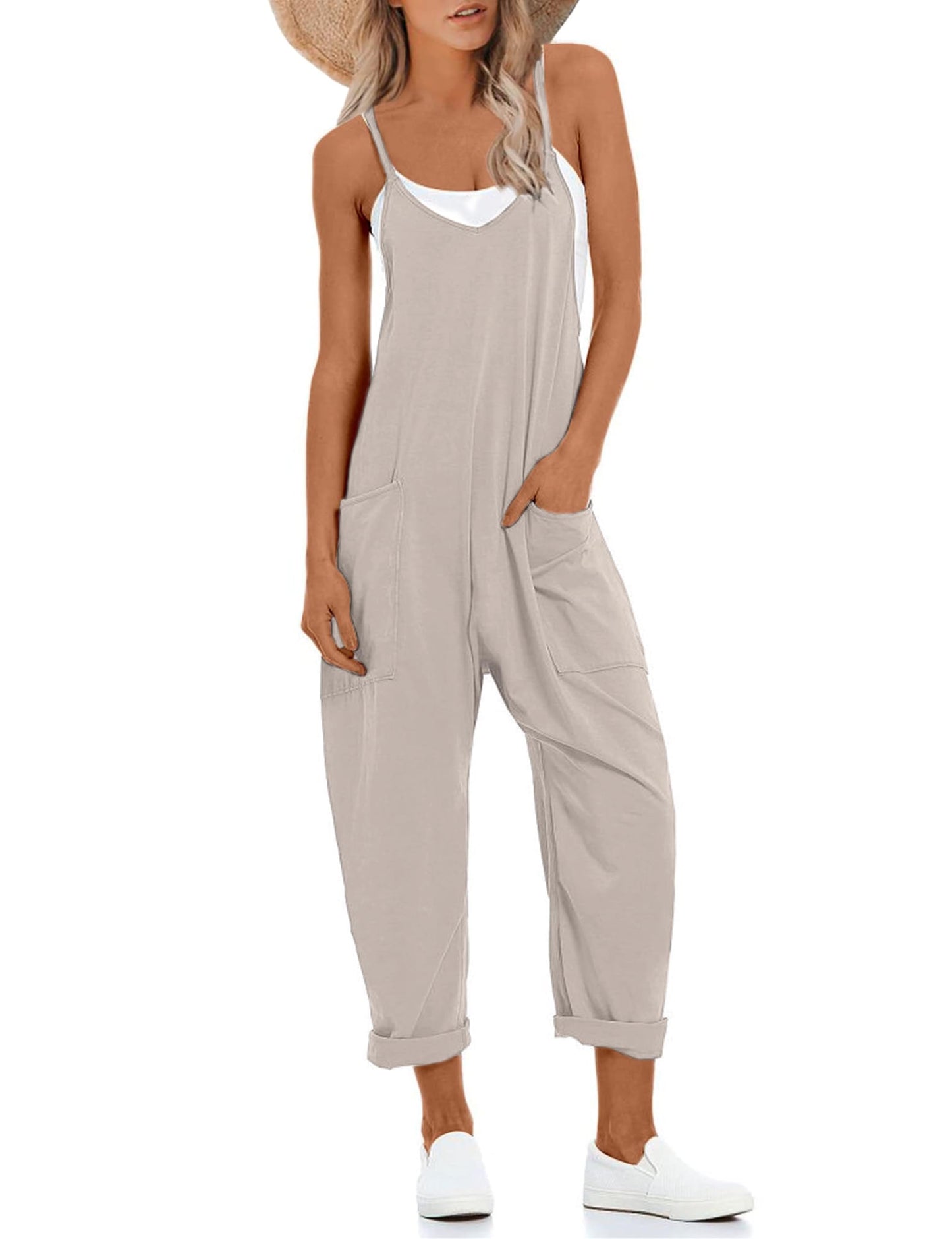 Women's Causal V Neck Sleeveless Romper with Pockets