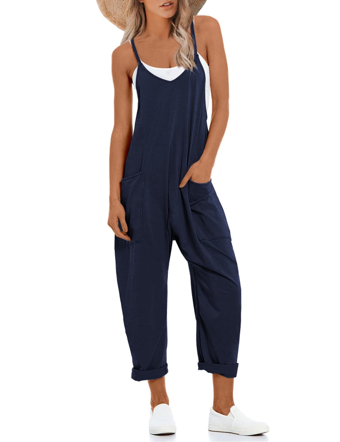 Women's Causal V Neck Sleeveless Romper with Pockets