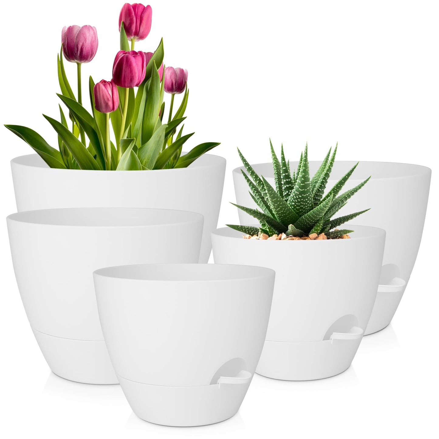Self Watering Pots, Set of 5 Plastic Planters INdoor/Outdoor