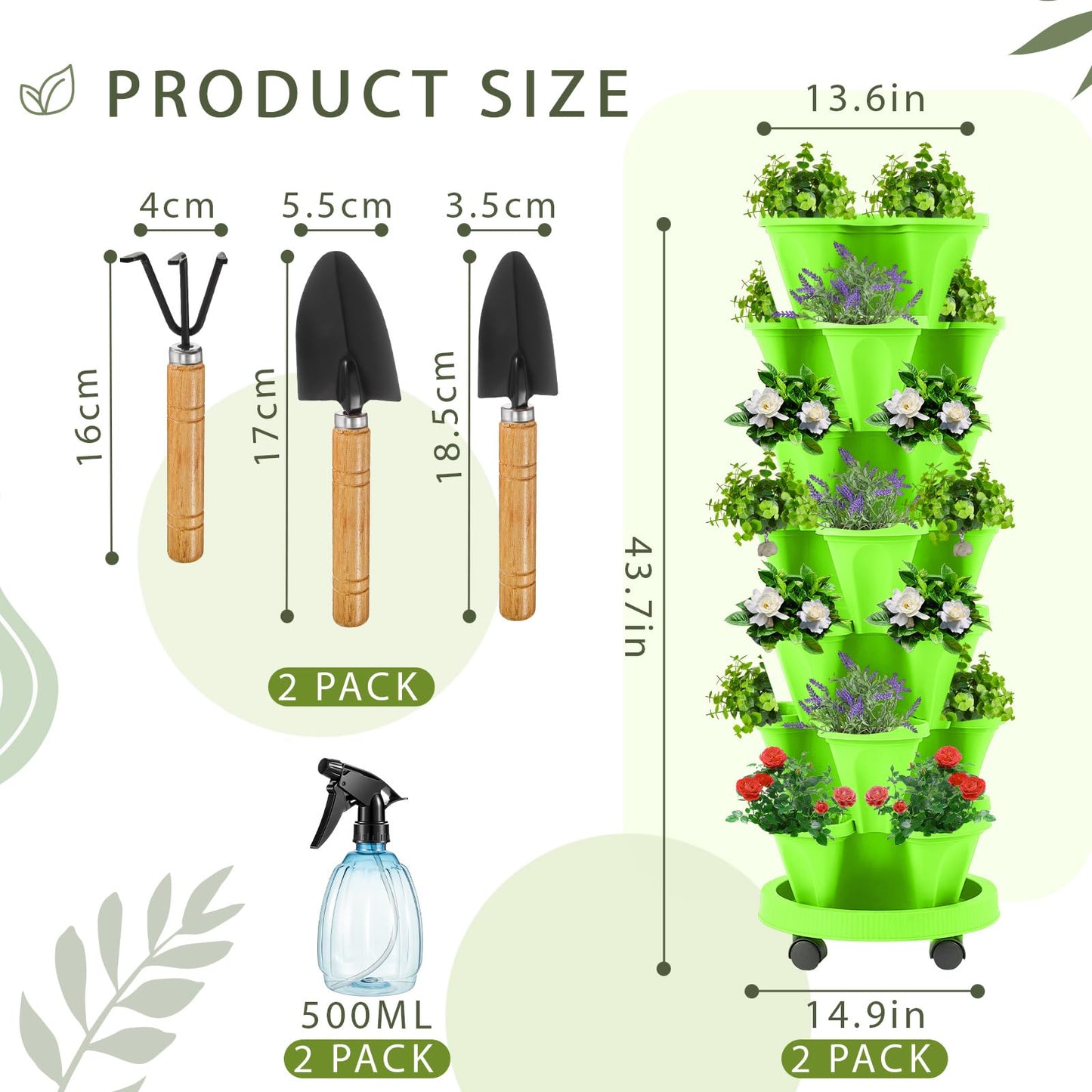 Set(2) of 7 Tier Vertical Planter Tower with Removable Wheels and Tools