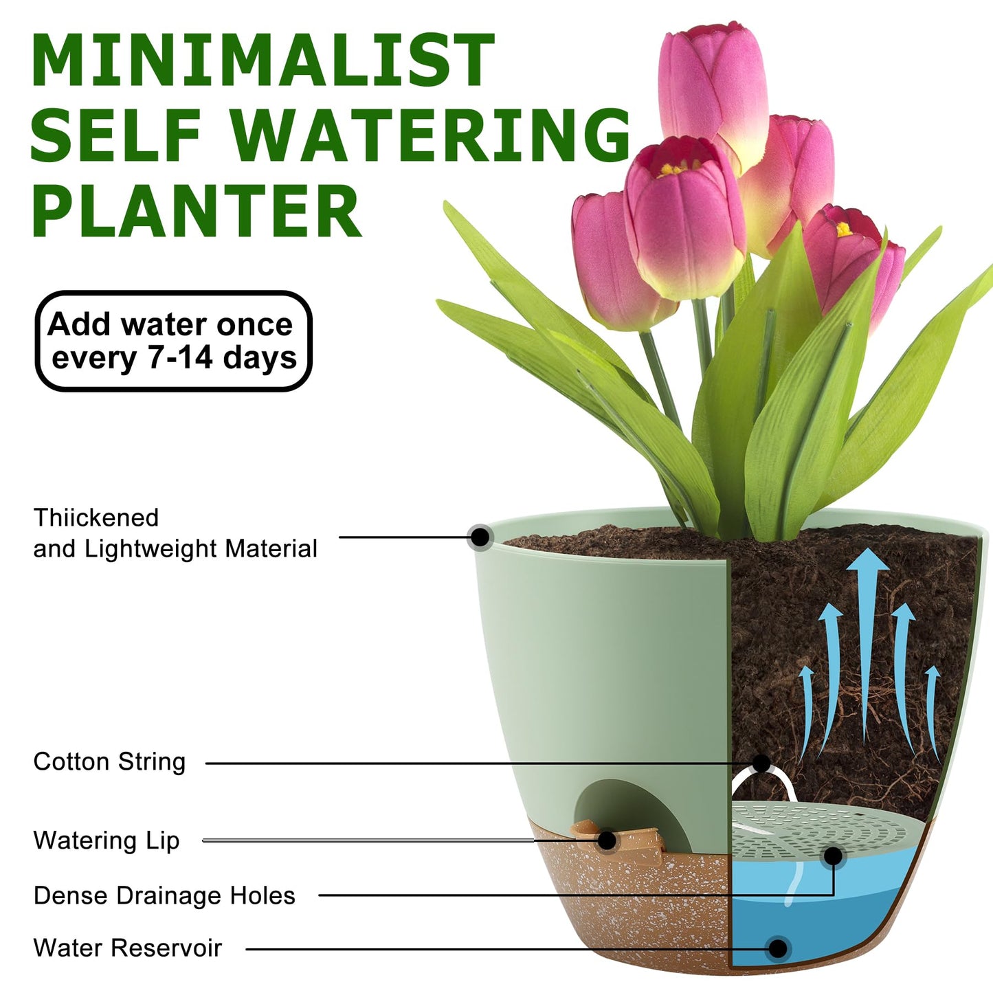 Self Watering Pots, Set of 5 Plastic Planters INdoor/Outdoor
