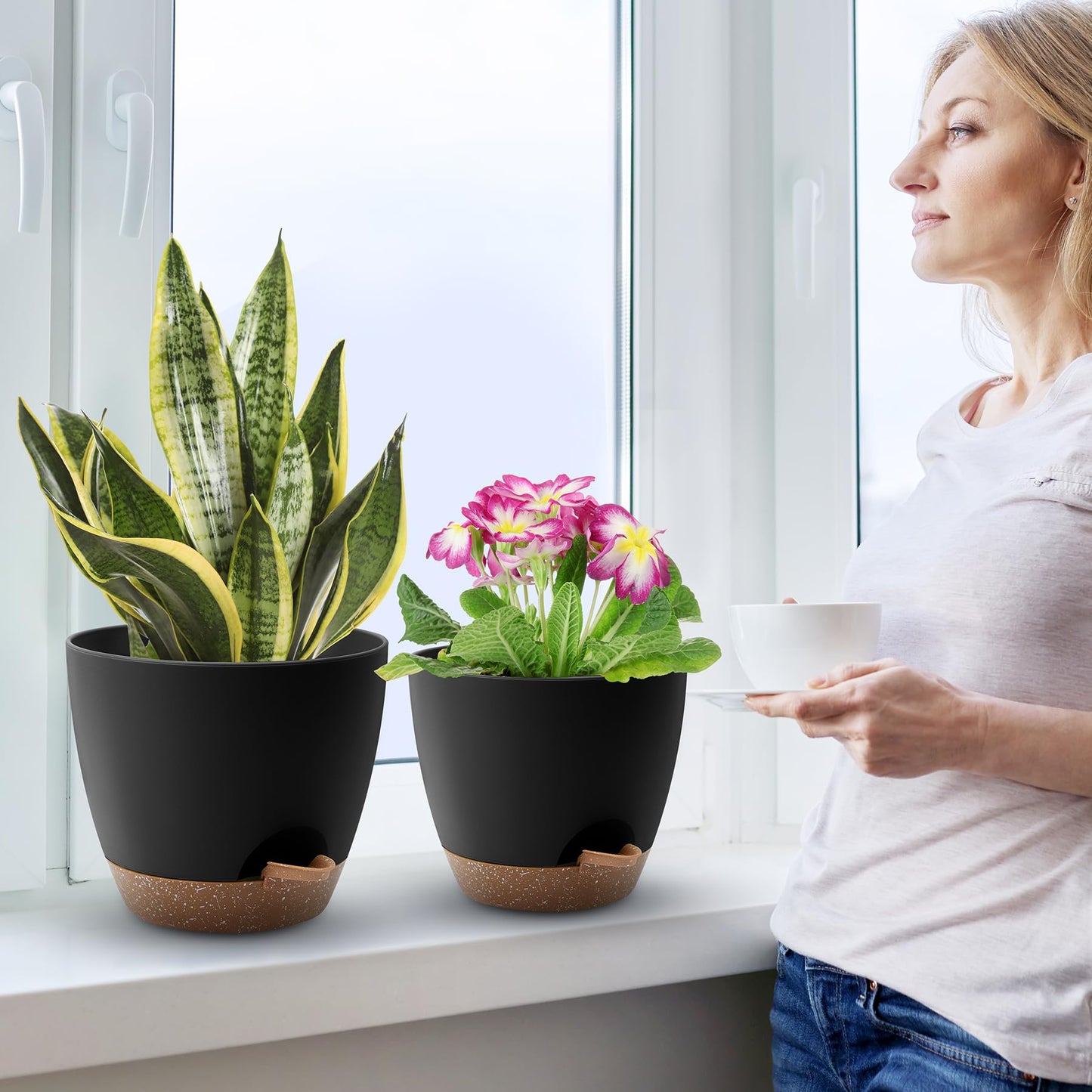 Self Watering Pots, Set of 5 Plastic Planters INdoor/Outdoor