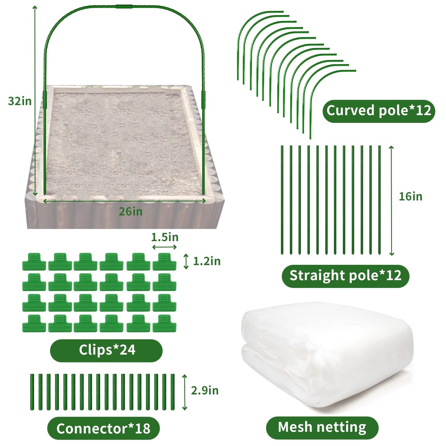 Garden Netting Kit, Garden Netting Kit for Raised Beds - 6pcs Garden Hoops with 8x20 ft Ultra Fine Garden Netting & 24 Clips, Protection Plant Covers for Greenhouse Vegetable Row Cover Bird