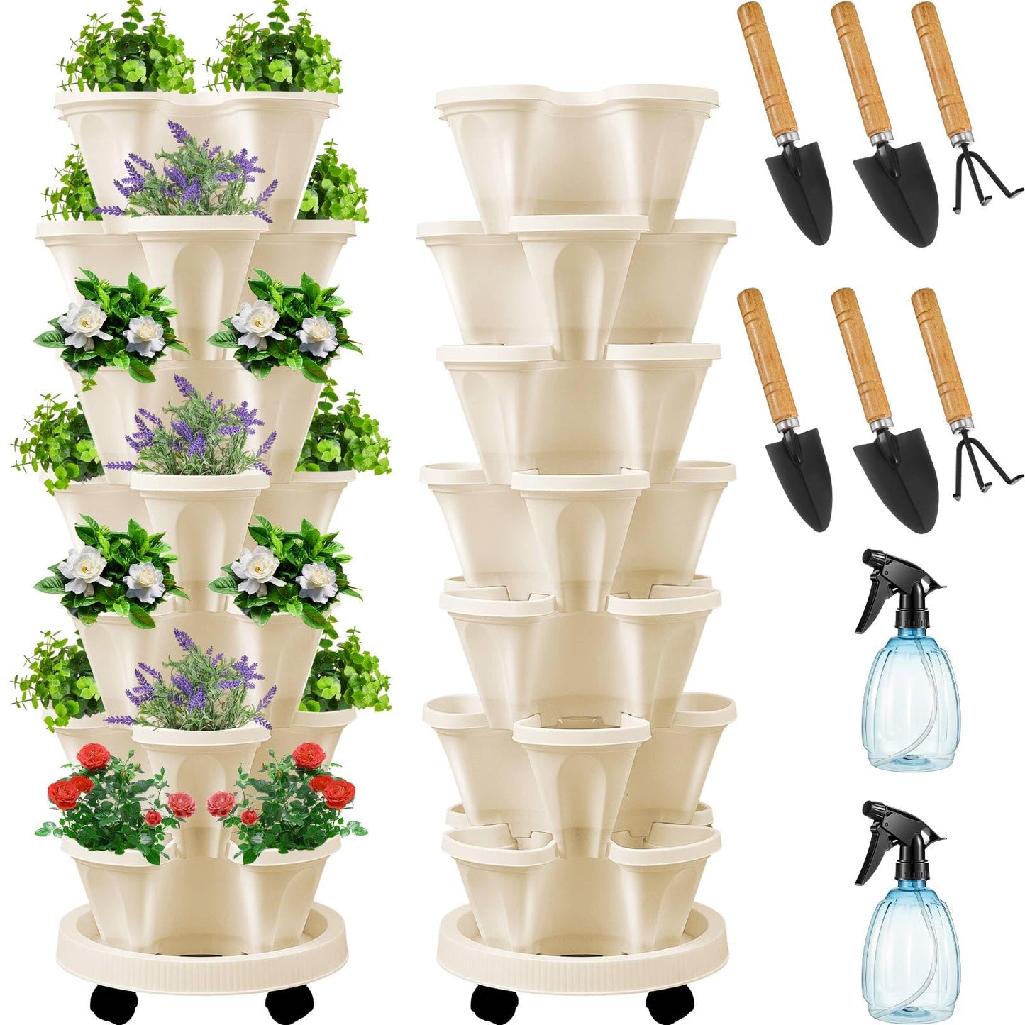 Set(2) of 7 Tier Vertical Planter Tower with Removable Wheels and Tools