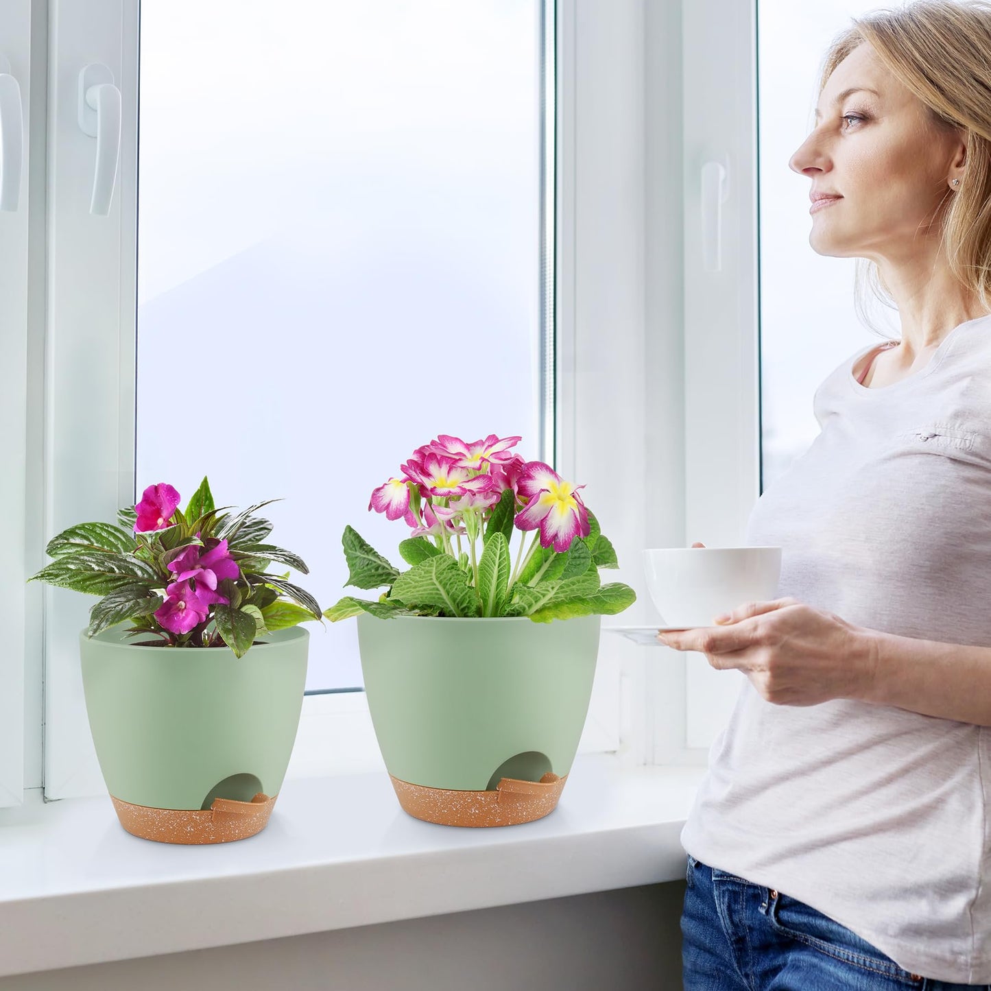 Self Watering Pots, Set of 5 Plastic Planters INdoor/Outdoor