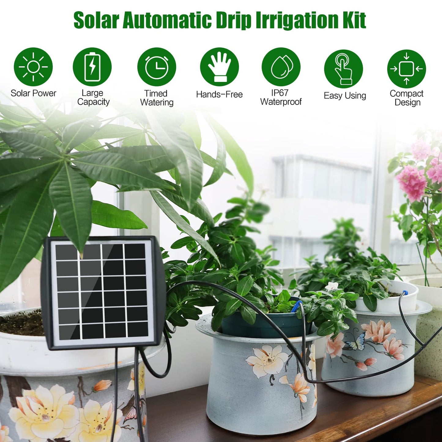 Solar Powered Auto Easy DIY Watering Device Supported Pots Plants, 6 Timing Modes with Anti-Siphoning Device (Supported 10 Pots, 6Timing Modes)