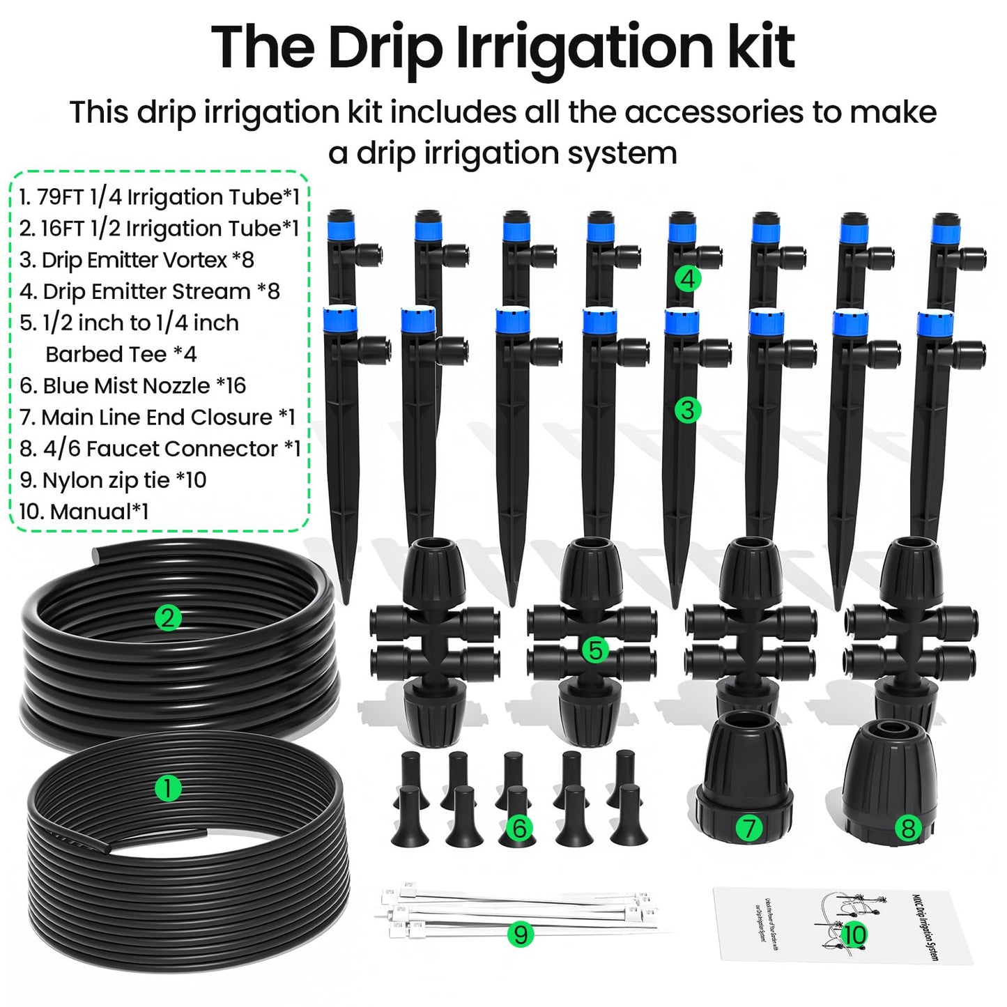 230FT Quick-Connect Drip Irrigation System Kit, with 1/4" & 1/2" Fast-Lock Tubing - Adjustable Nozzles & Sprinklers for Garden, Greenhouse, Lawn, Potted Plants