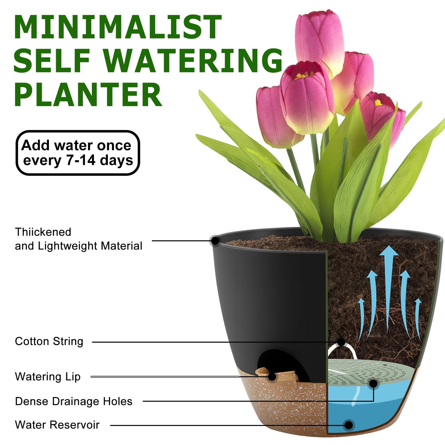 Self Watering Pots, Set of 5 Plastic Planters INdoor/Outdoor