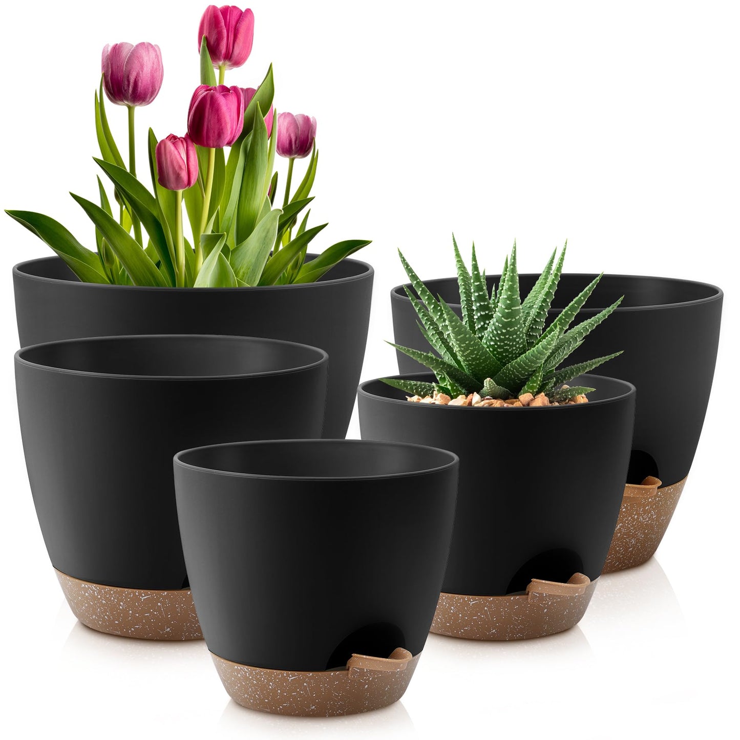 Self Watering Pots, Set of 5 Plastic Planters INdoor/Outdoor