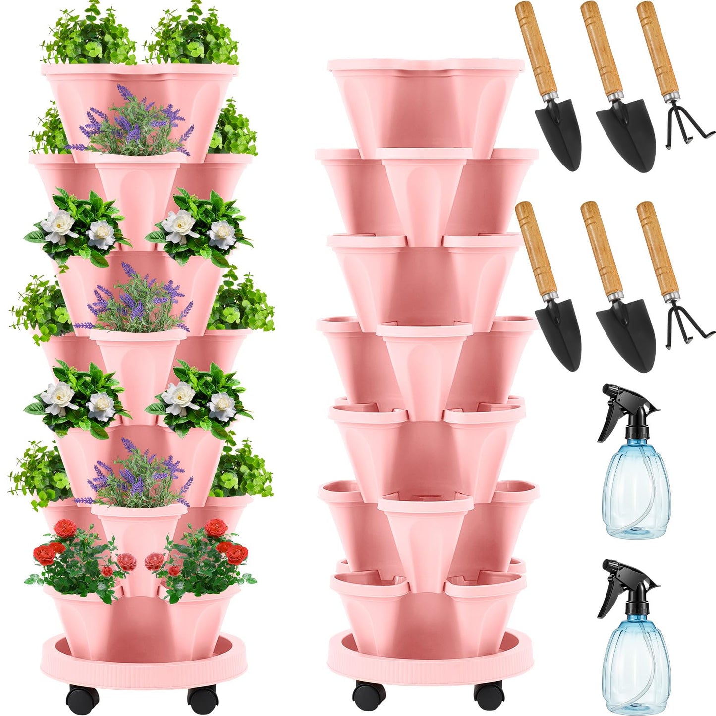 Set(2) of 7 Tier Vertical Planter Tower with Removable Wheels and Tools