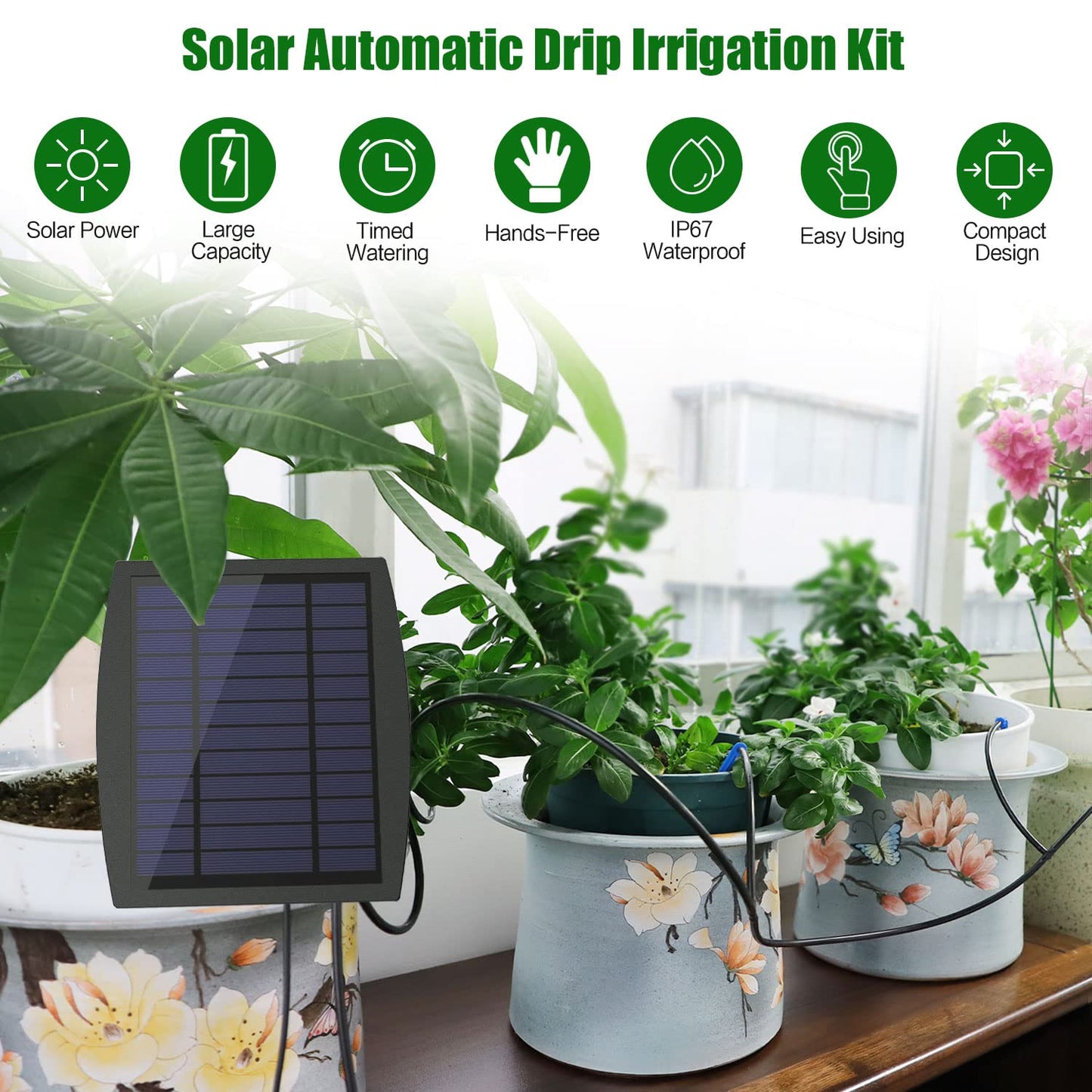 Solar Powered Auto Easy DIY Watering Device Supported Pots Plants, 6 Timing Modes with Anti-Siphoning Device (Supported 10 Pots, 6Timing Modes)