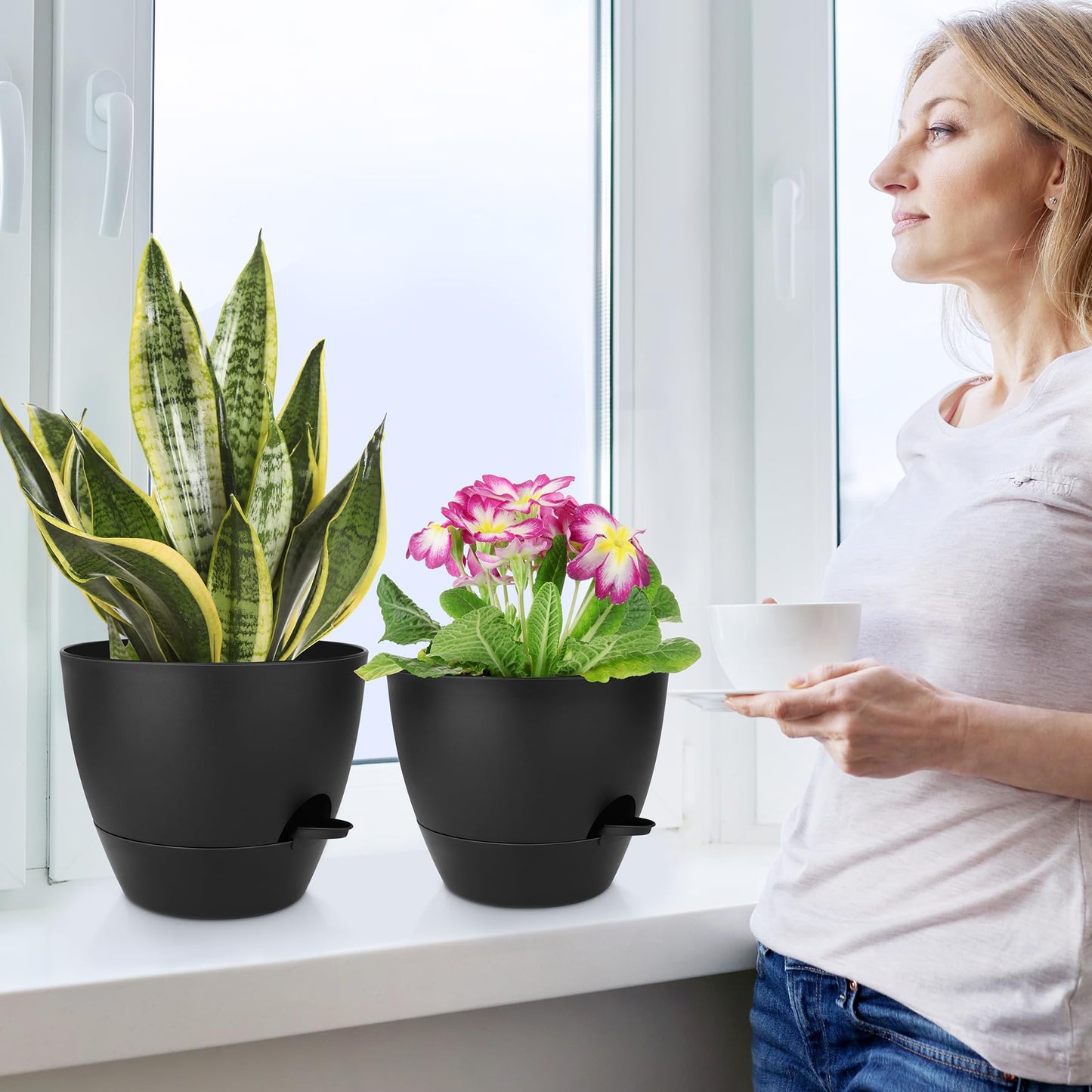 Self Watering Pots, Set of 5 Plastic Planters INdoor/Outdoor