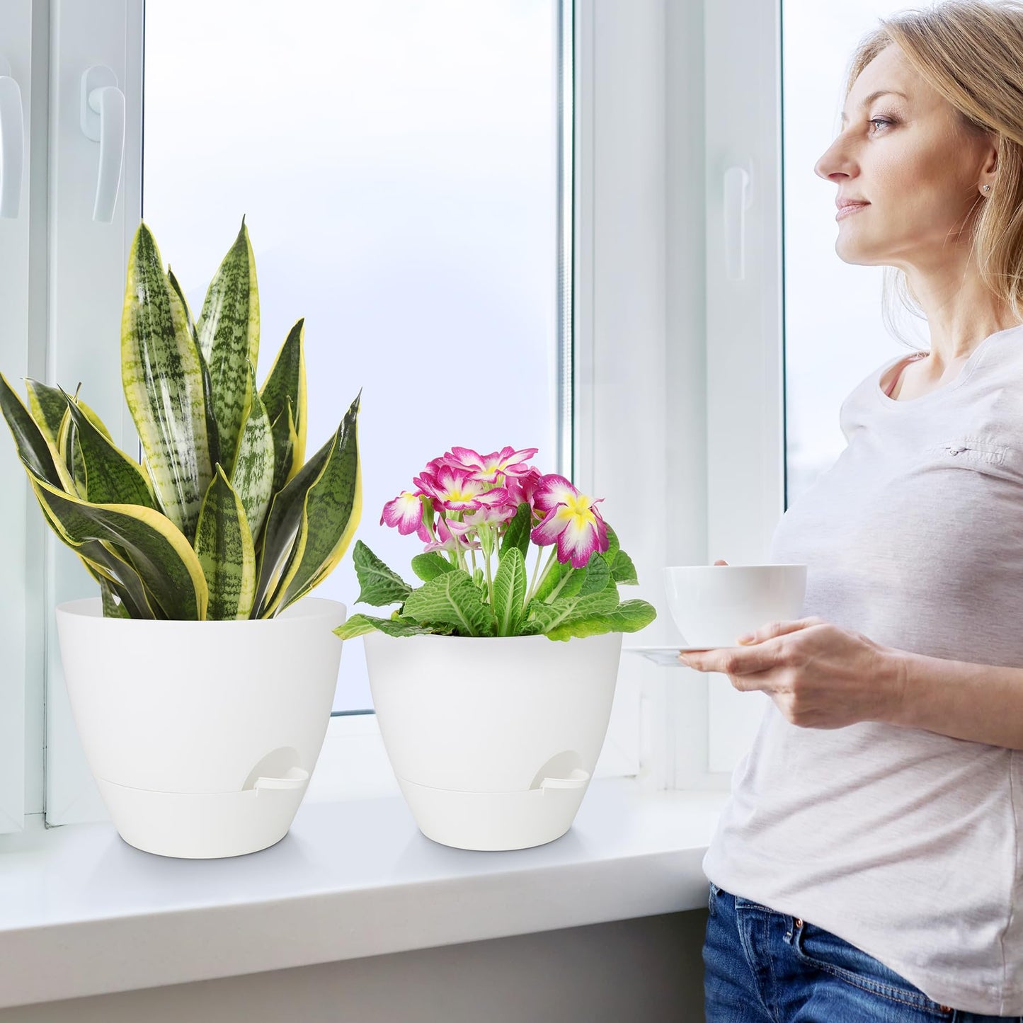 Self Watering Pots, Set of 5 Plastic Planters INdoor/Outdoor