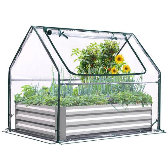 Raised Garden Bed with Cover Galvanized Metal Planter Box Kit, w/ 2 Large Screen Windows Mini Greenhouse 20pcs T Tags 1 Pair of Gloves Included for Growing Vegetables 6x3x1ft (Clear)