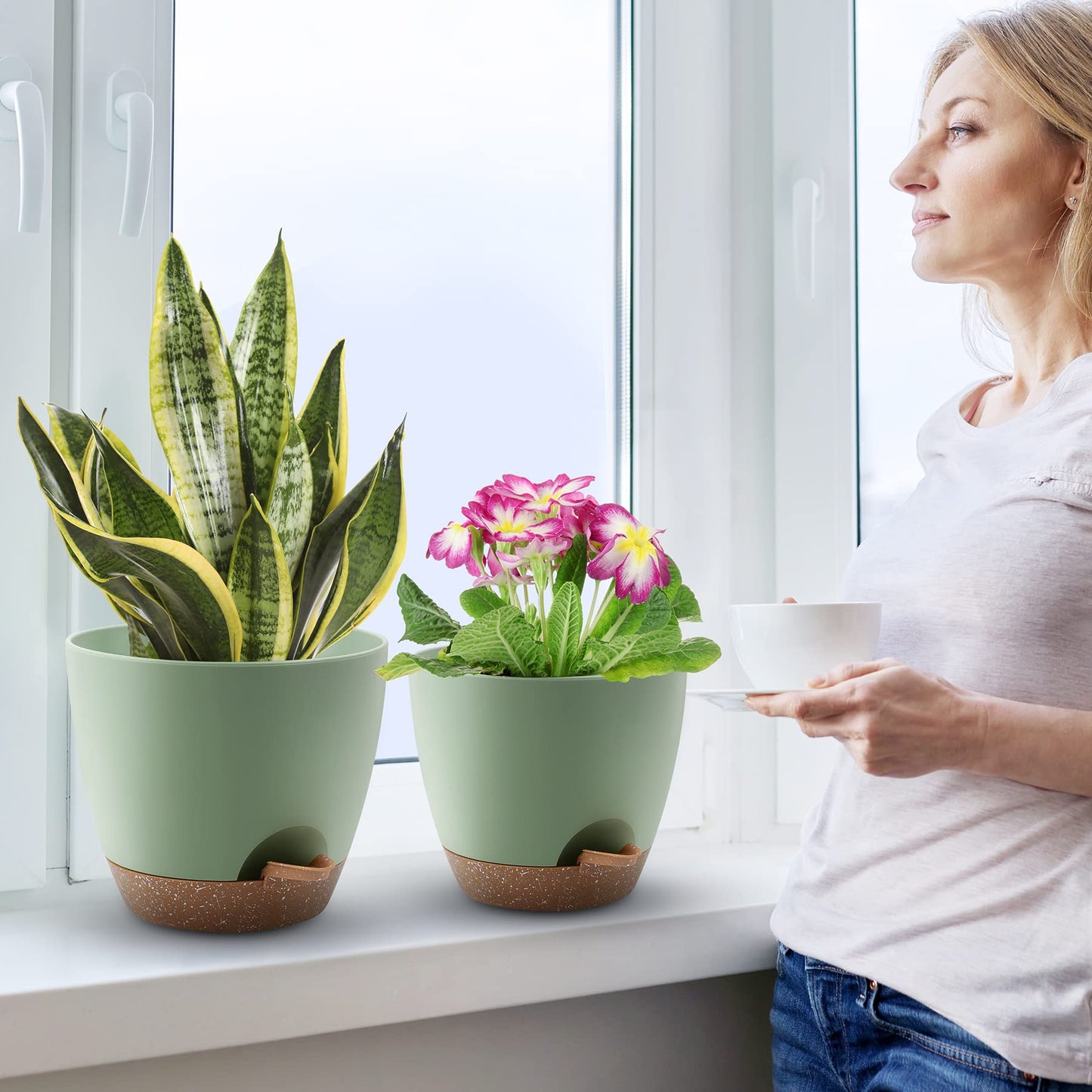 Self Watering Pots, Set of 5 Plastic Planters INdoor/Outdoor