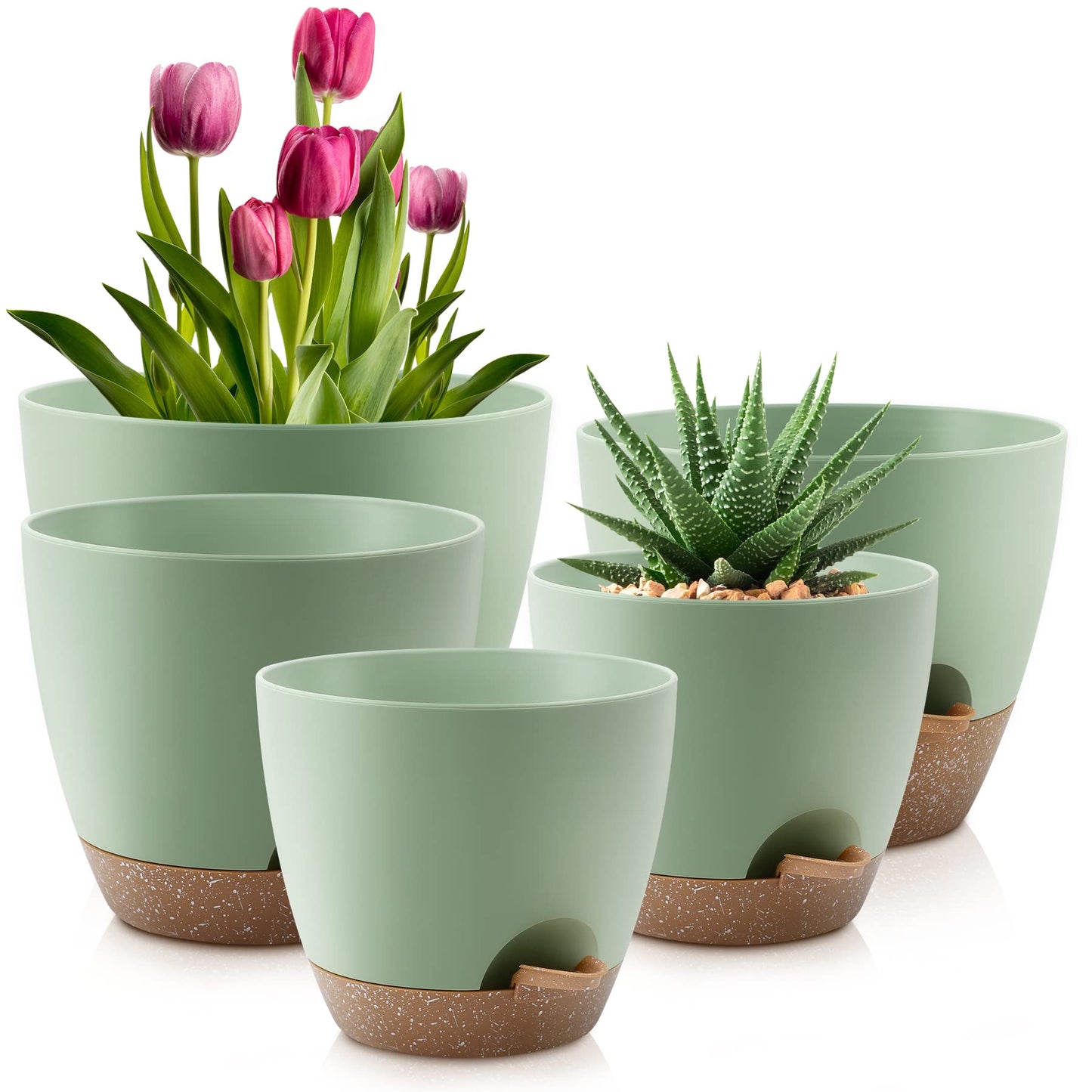 Self Watering Pots, Set of 5 Plastic Planters INdoor/Outdoor