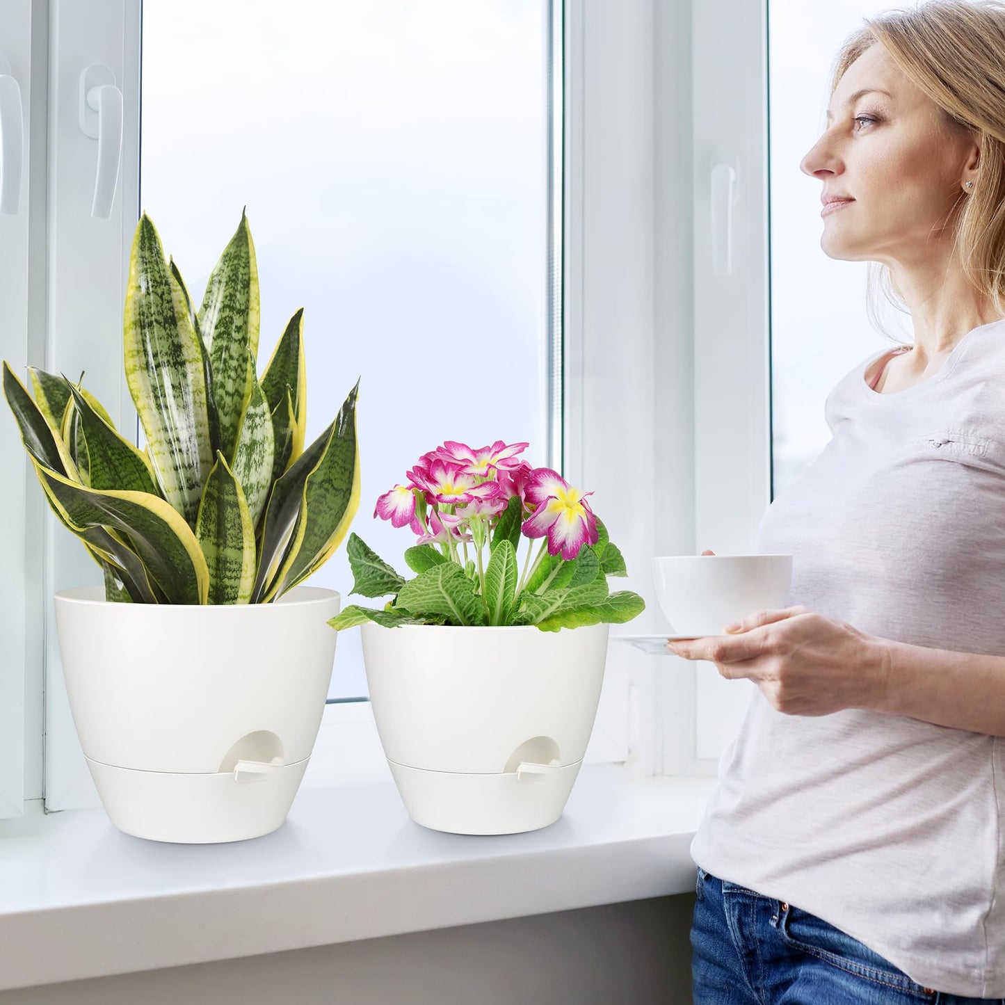 Self Watering Pots, Set of 5 Plastic Planters INdoor/Outdoor