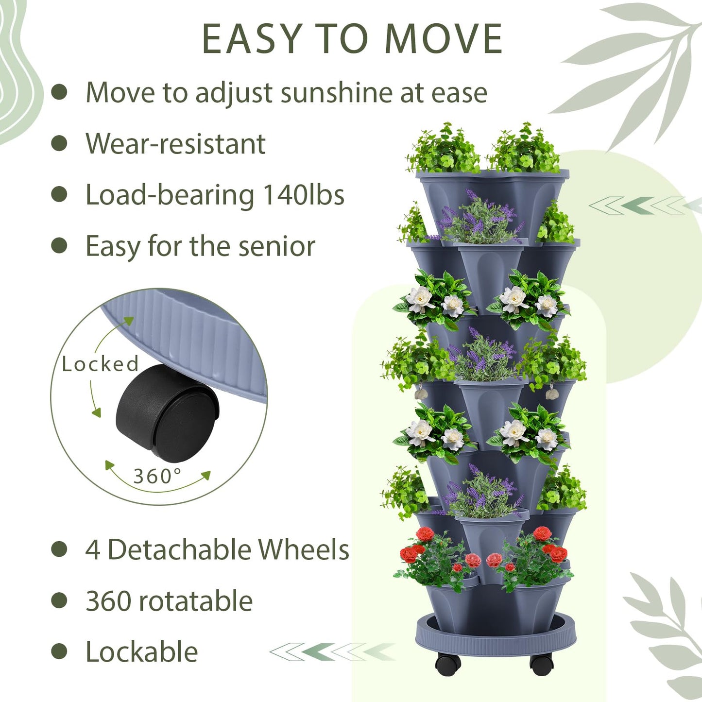 Set(2) of 7 Tier Vertical Planter Tower with Removable Wheels and Tools