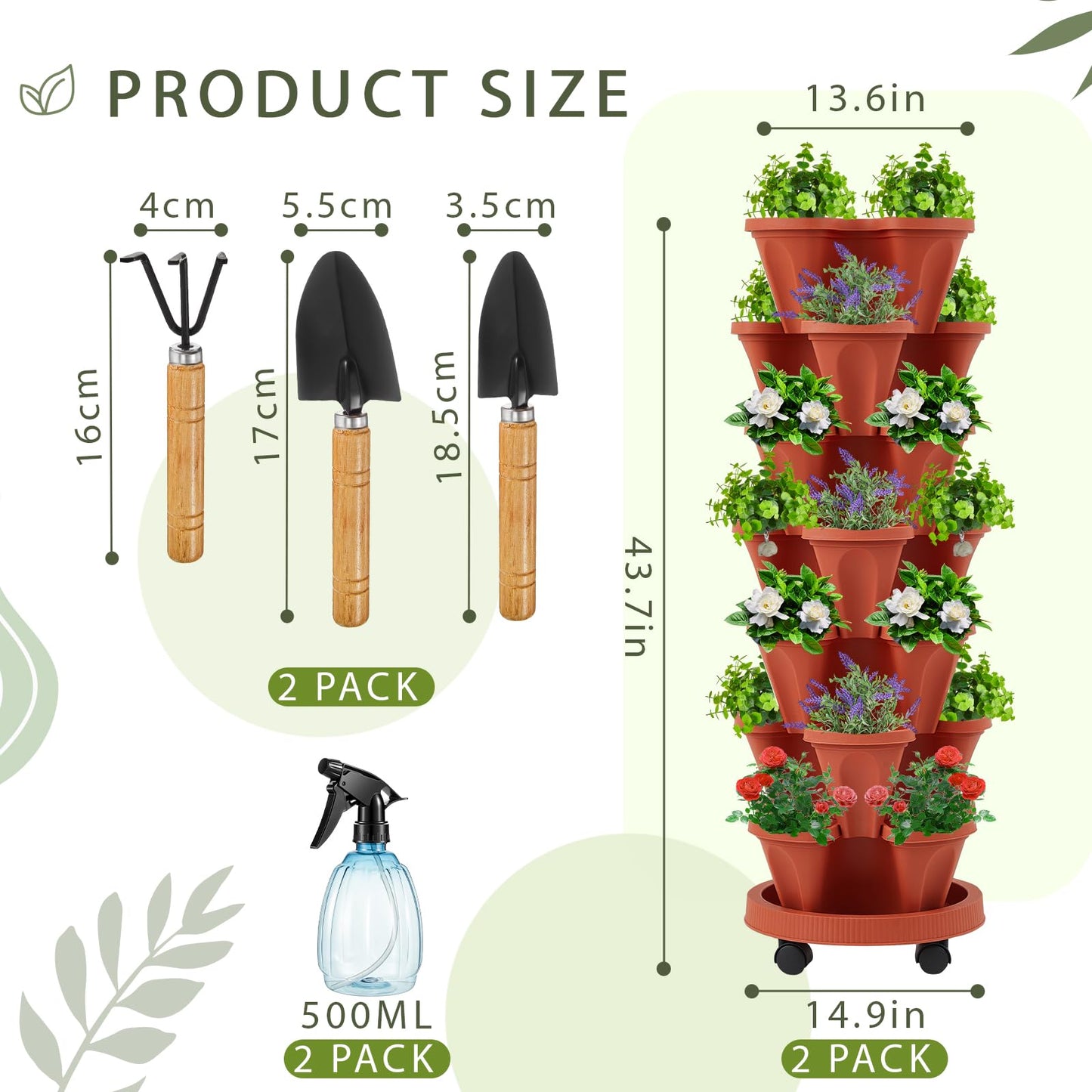 Set(2) of 7 Tier Vertical Planter Tower with Removable Wheels and Tools