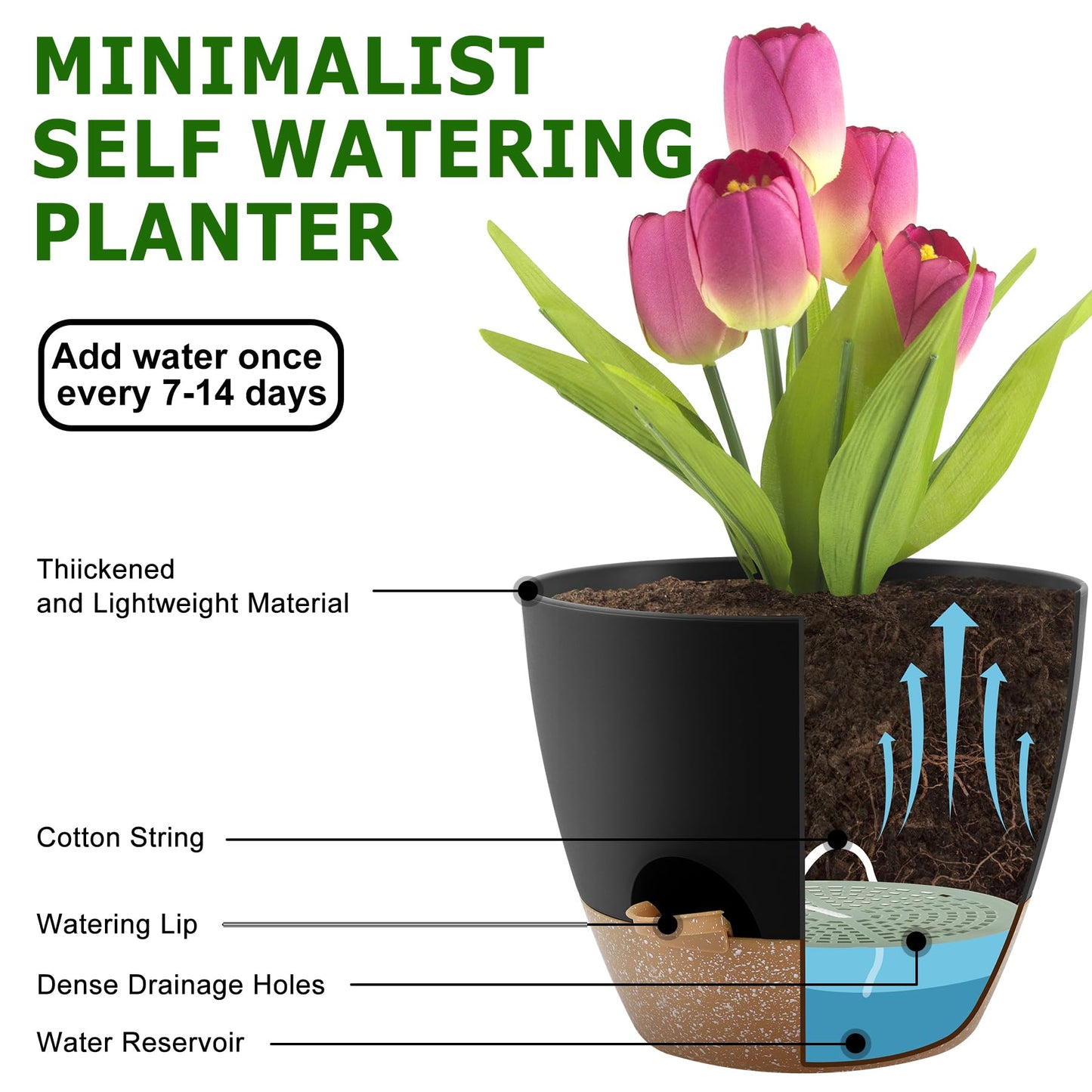 Self Watering Pots, Set of 5 Plastic Planters INdoor/Outdoor