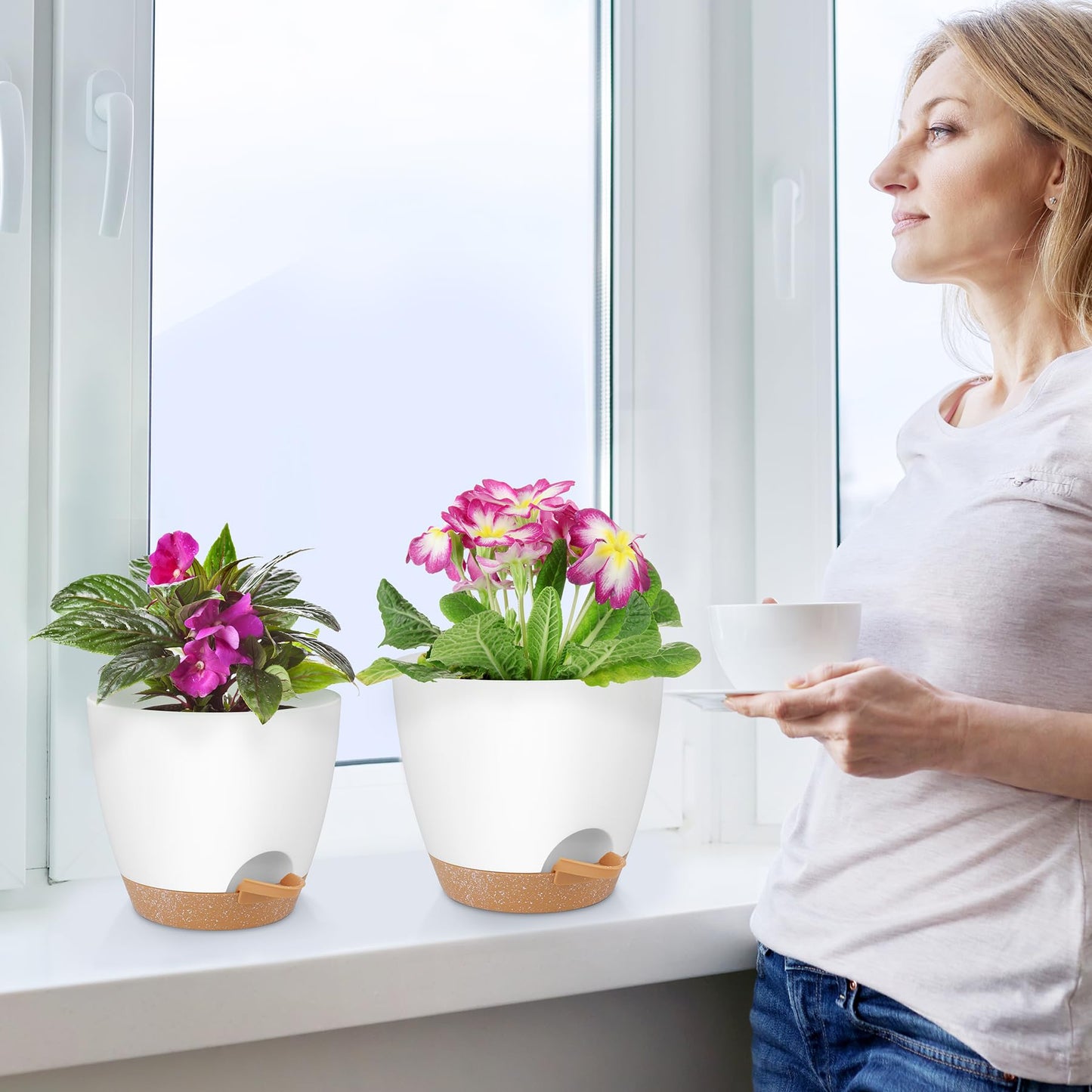 Self Watering Pots, Set of 5 Plastic Planters INdoor/Outdoor