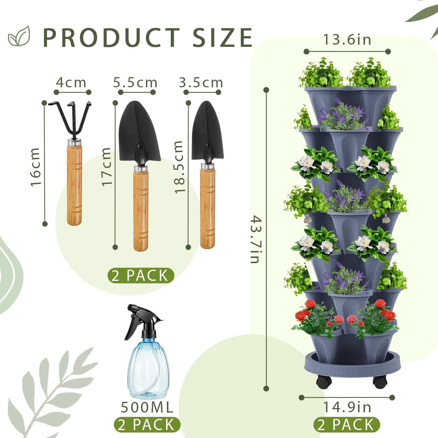 Set(2) of 7 Tier Vertical Planter Tower with Removable Wheels and Tools