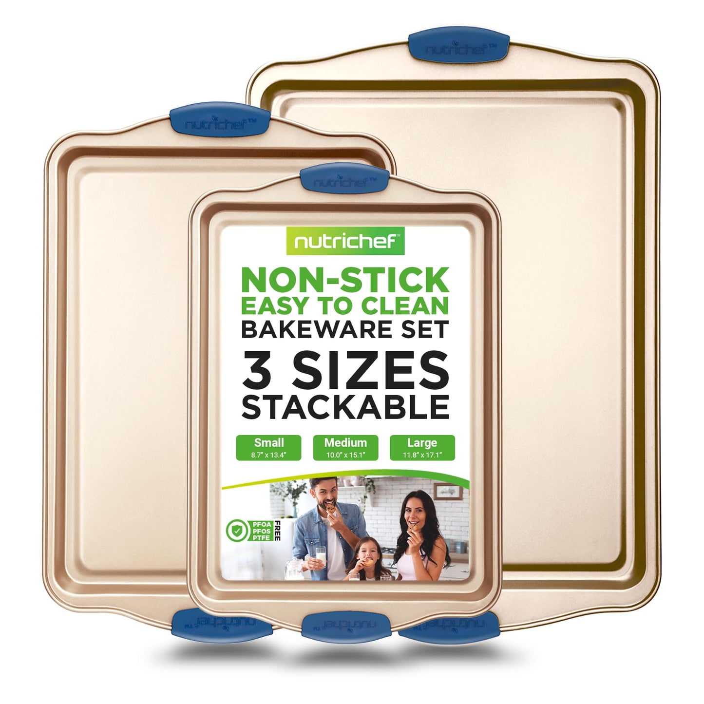 Carbon Steel Non-Toxic Nonstick Bakeware Setw/ Blue Silicone Handles - Champagne Gold