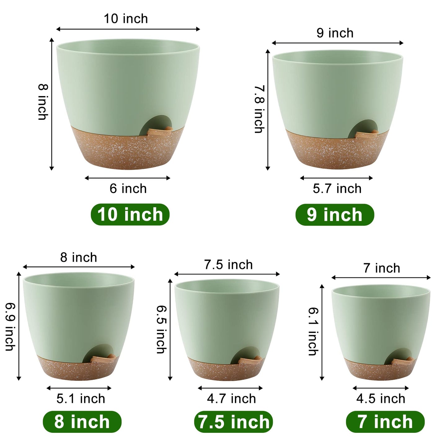 Self Watering Pots, Set of 5 Plastic Planters INdoor/Outdoor