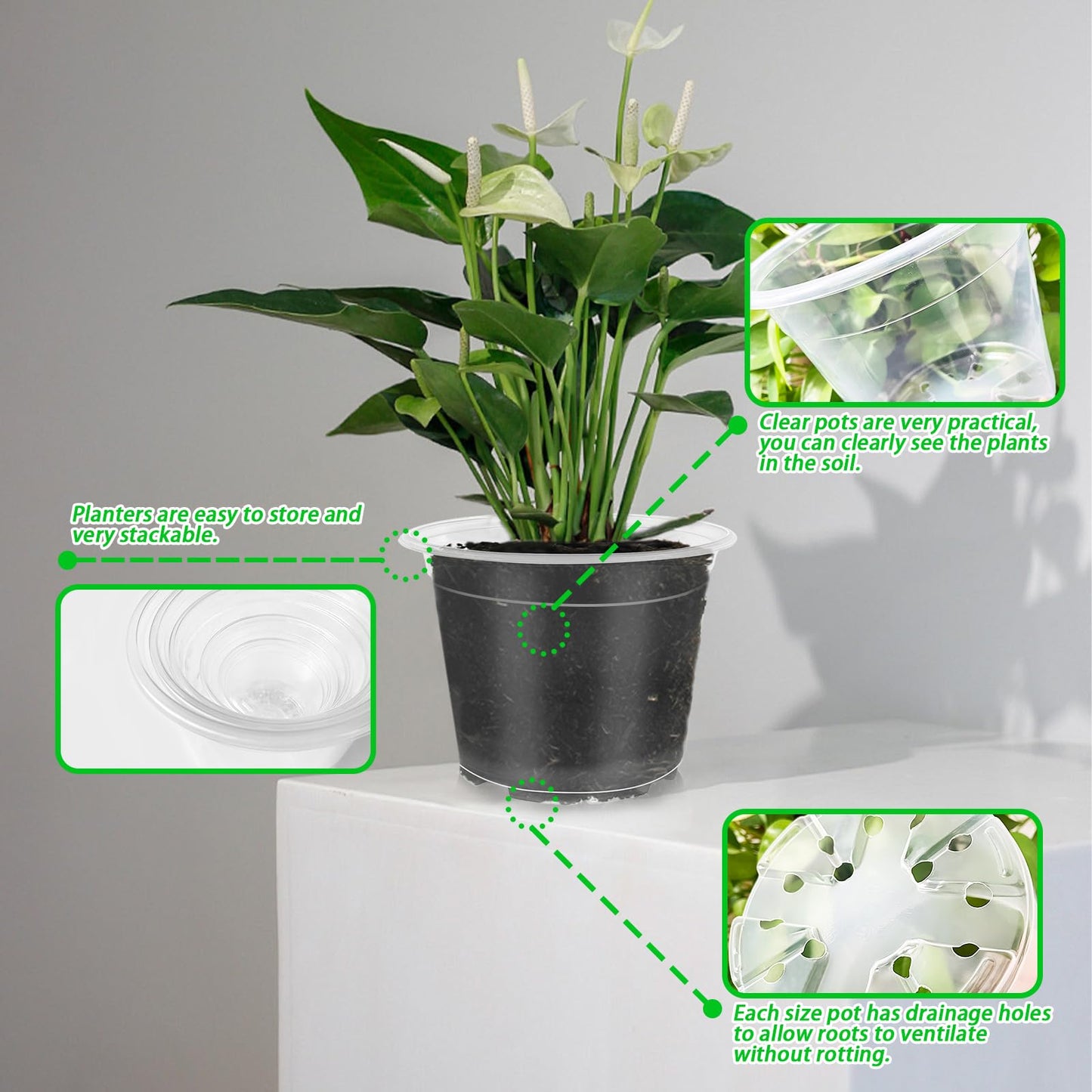 Plant Pots,Black Plastic Pots with Drainage Holes