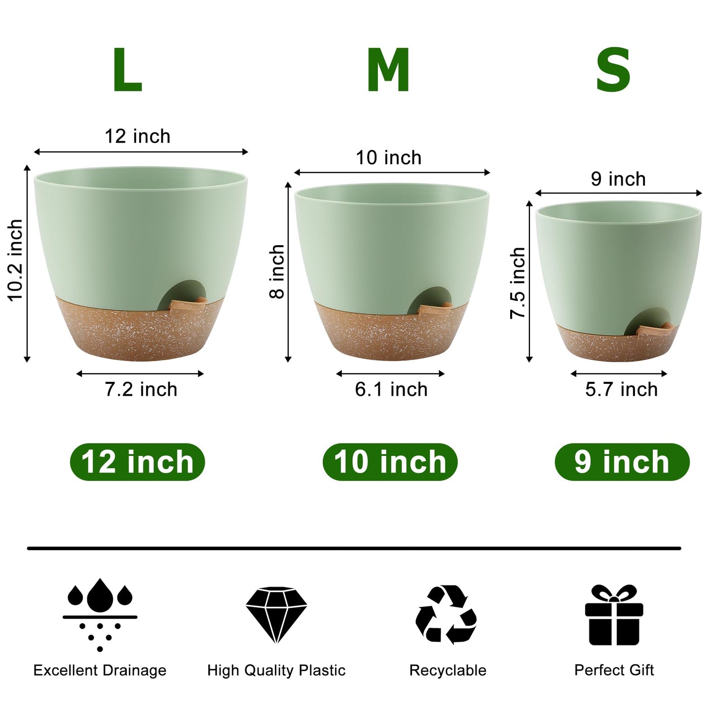 Self Watering Pots, Set of 5 Plastic Planters INdoor/Outdoor