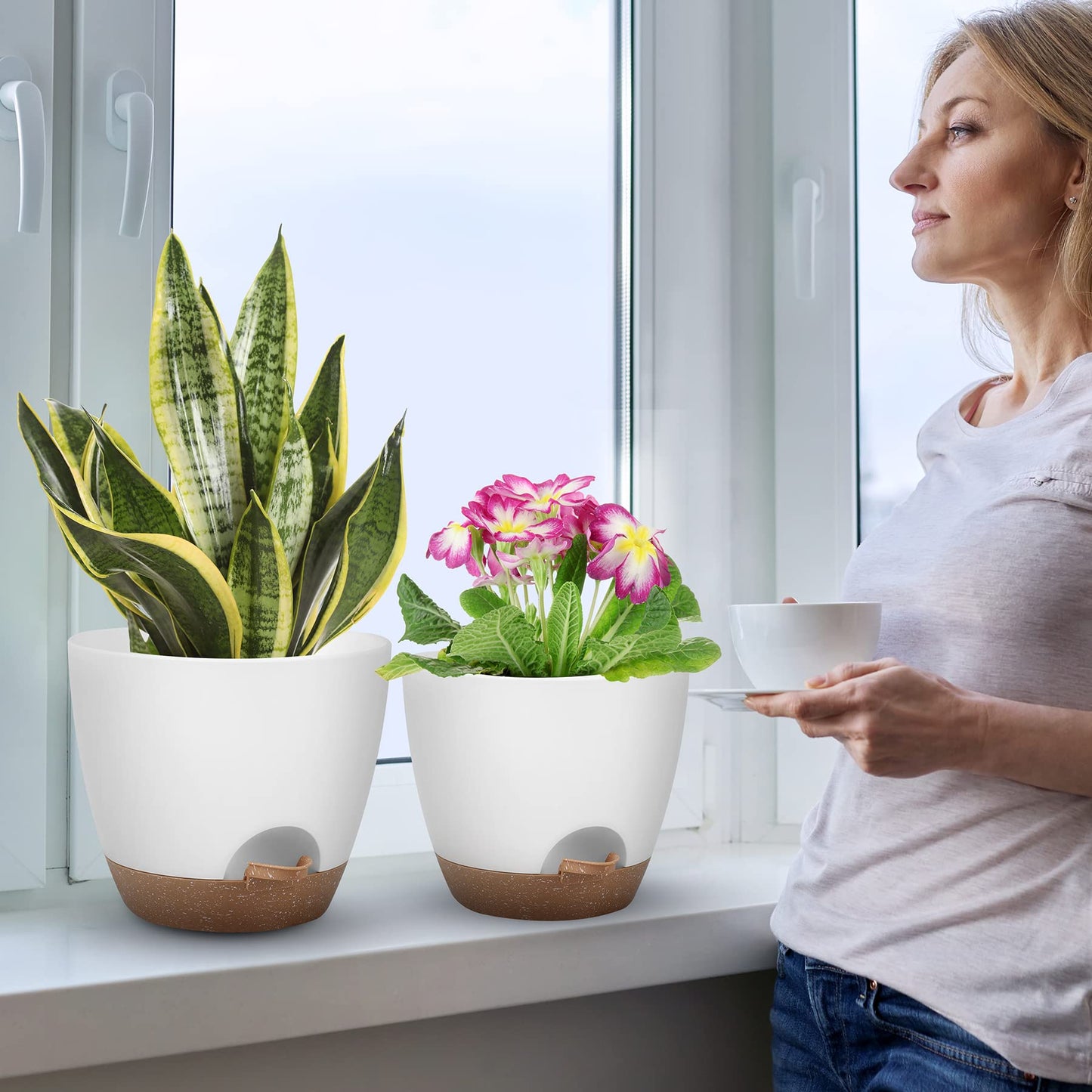 Self Watering Pots, Set of 5 Plastic Planters INdoor/Outdoor