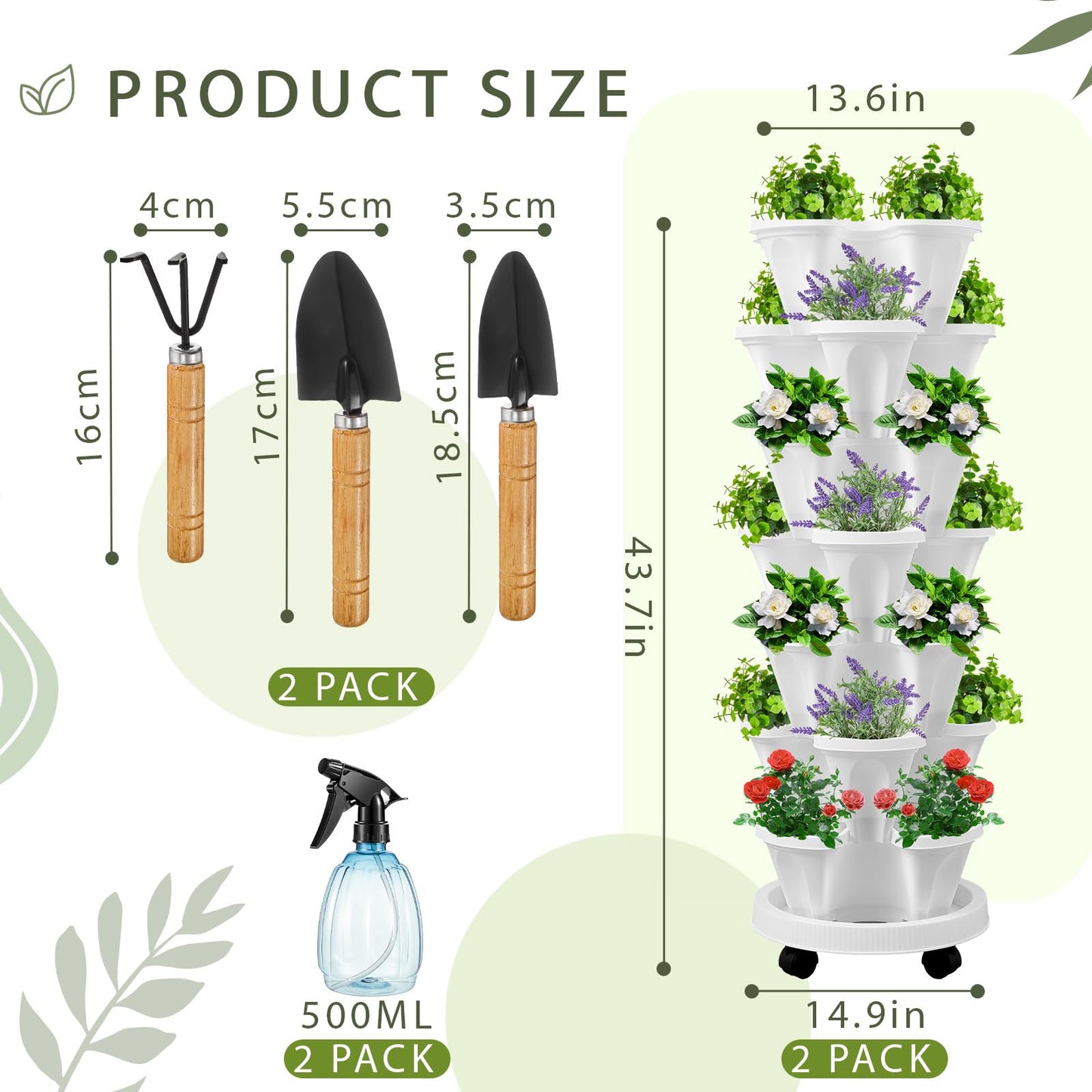 Set(2) of 7 Tier Vertical Planter Tower with Removable Wheels and Tools