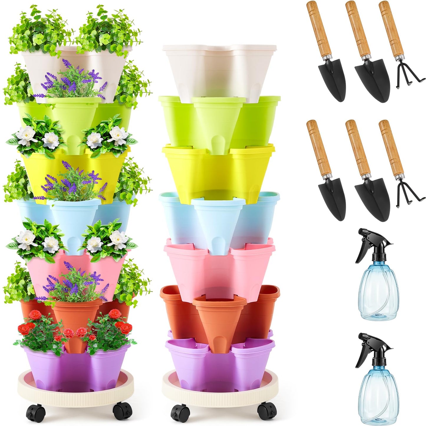 Set(2) of 7 Tier Vertical Planter Tower with Removable Wheels and Tools