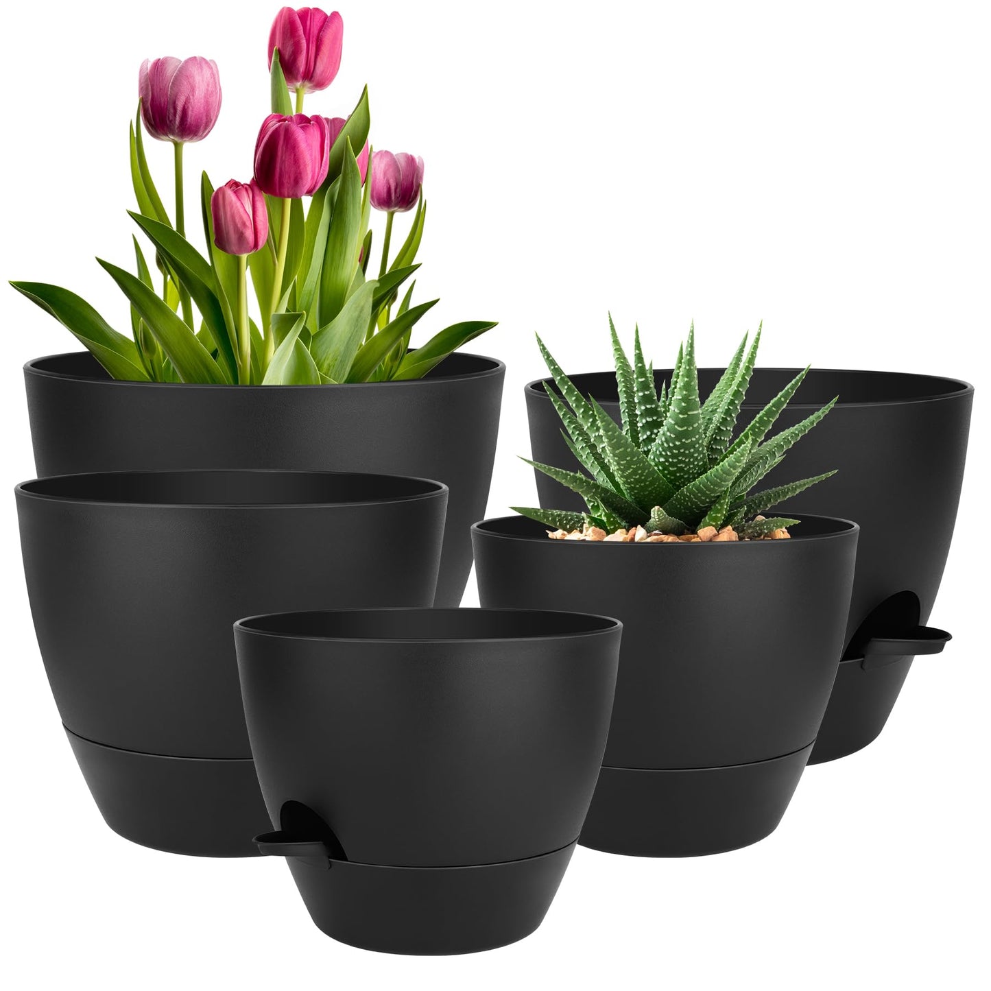 Self Watering Pots, Set of 5 Plastic Planters INdoor/Outdoor