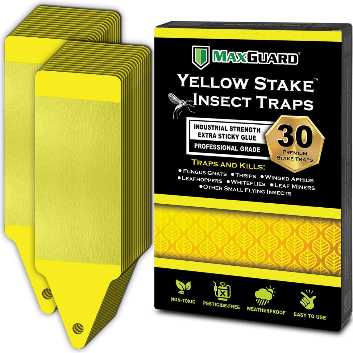Yellow Stake Sticky Insect/Bug Traps - Catch and Kill Fungus Gnats, Whiteflies, Mosquitos, Aphids, Leaf Miners, Flying Insect Catcher Glue Trappers for Indoor or Outdoor