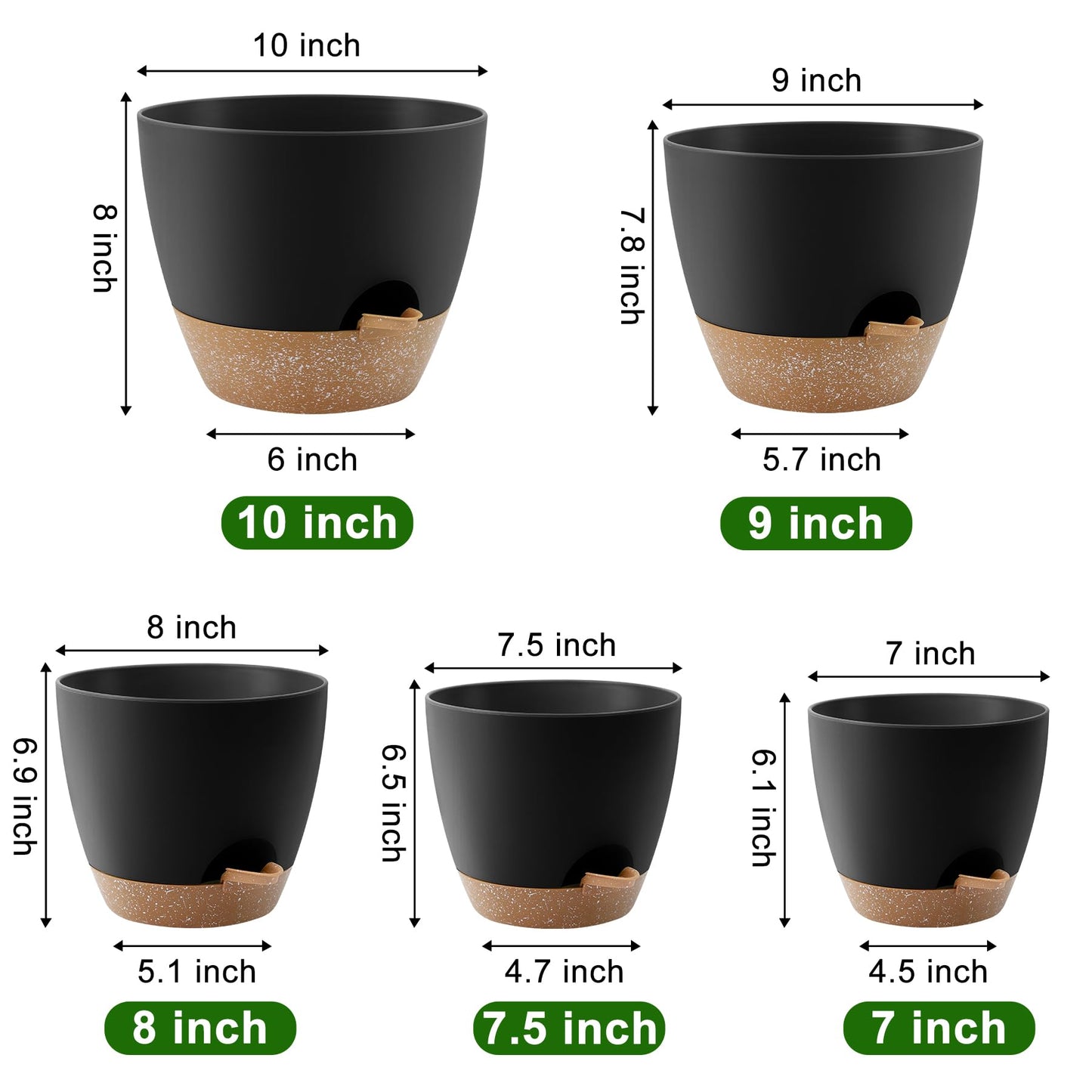 Self Watering Pots, Set of 5 Plastic Planters INdoor/Outdoor