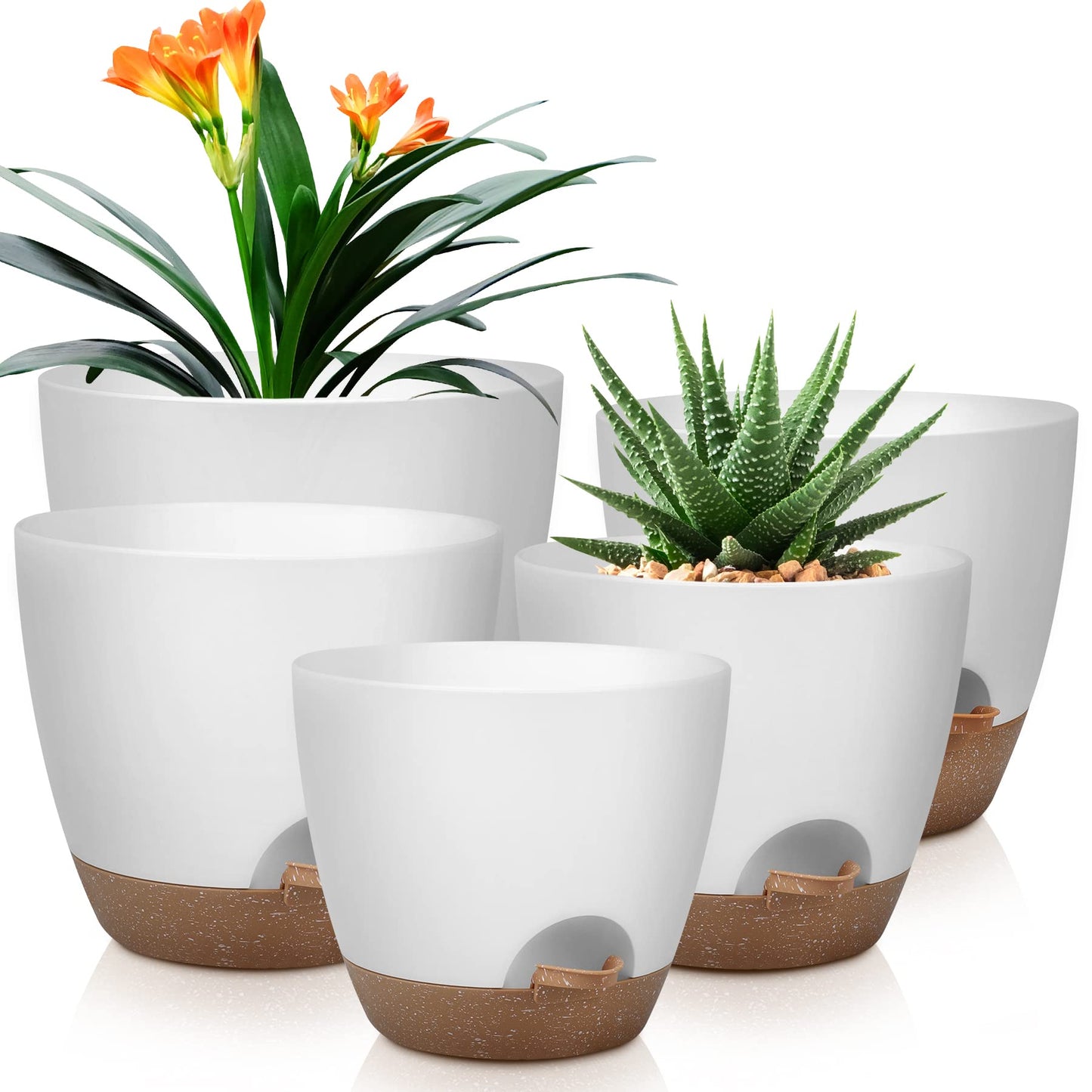 Self Watering Pots, Set of 5 Plastic Planters INdoor/Outdoor