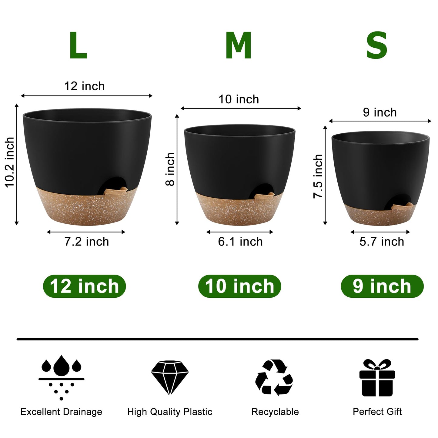 Self Watering Pots, Set of 5 Plastic Planters INdoor/Outdoor