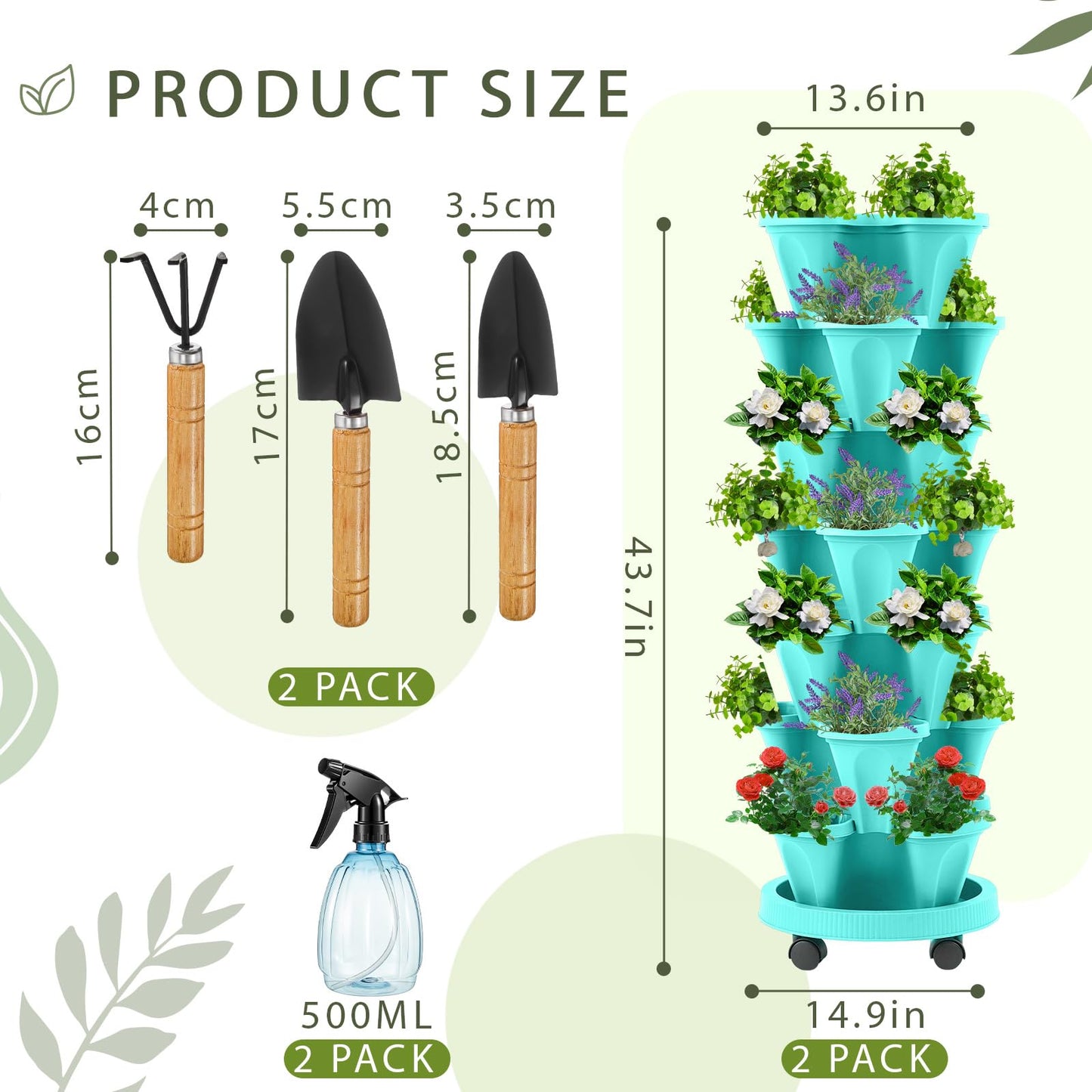 Set(2) of 7 Tier Vertical Planter Tower with Removable Wheels and Tools